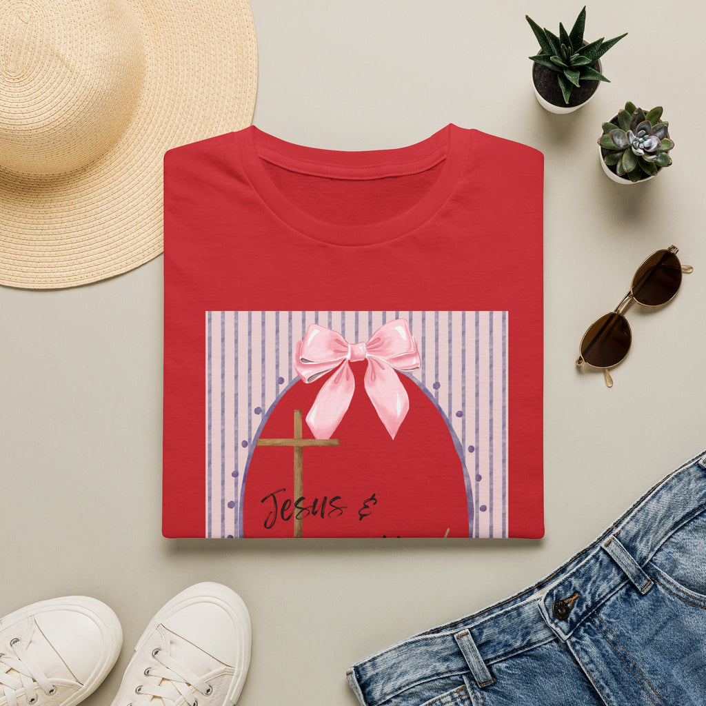 Jesus & Coffee T-Shirt — Pastel Cross and Pink Bow Christian Tee