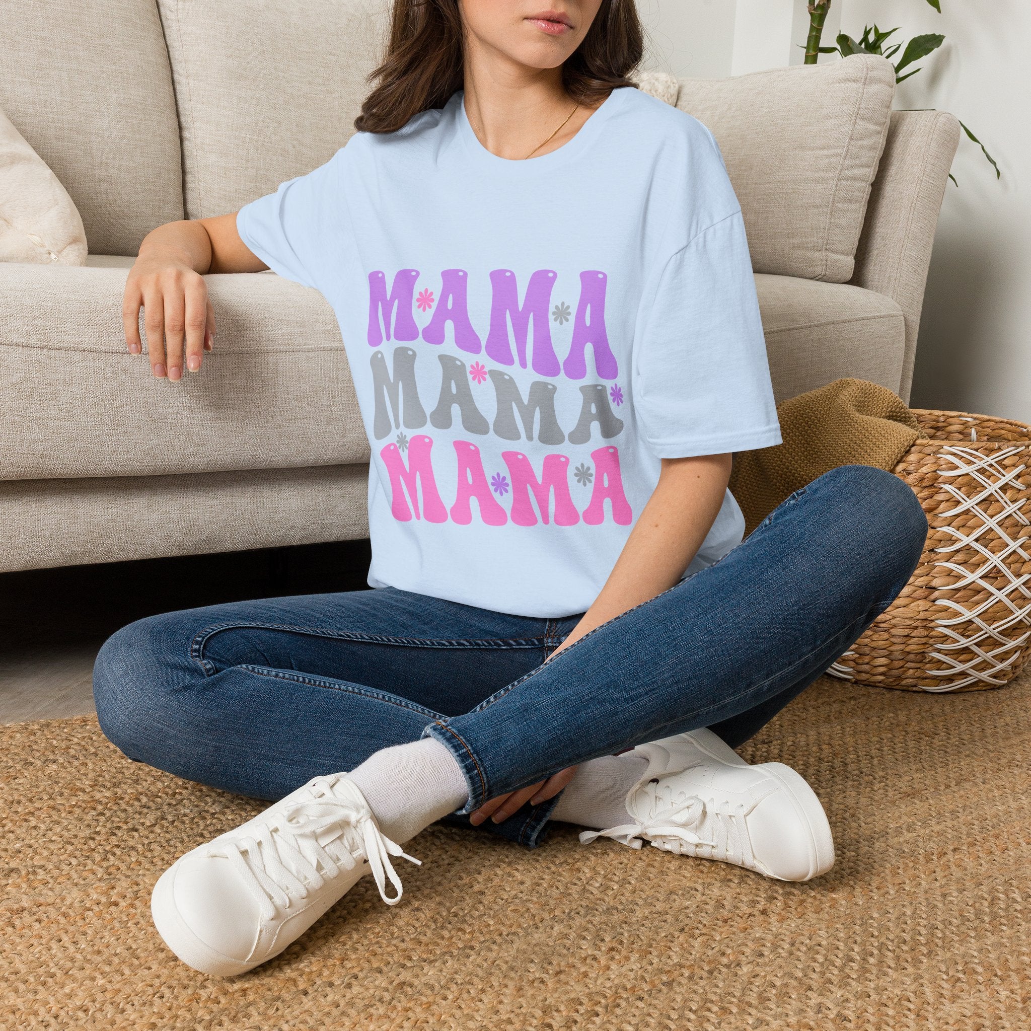 Mama Retro Graphic T-Shirt — Pink & Gray Stacked 'MAMA' Design