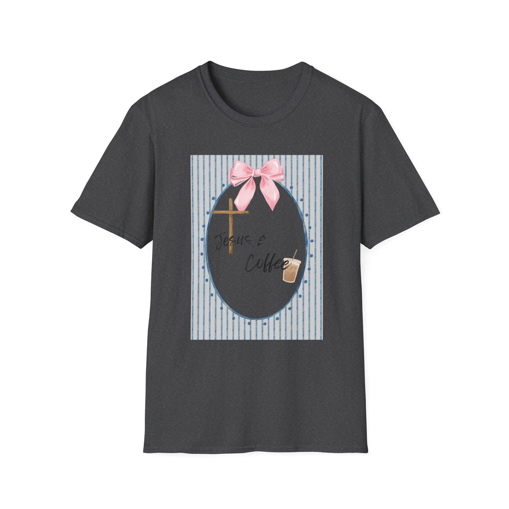 Jesus & Coffee T-Shirt — Pastel Cross and Pink Bow Christian Tee