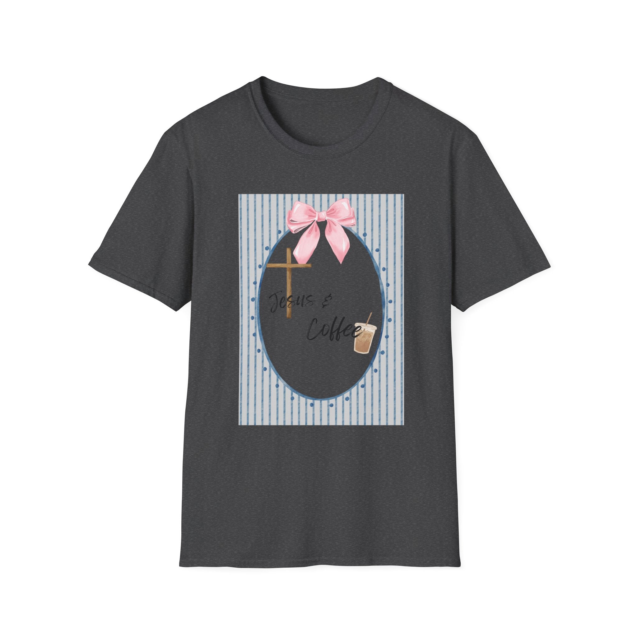 Jesus & Coffee T-Shirt — Pastel Cross and Pink Bow Christian Tee