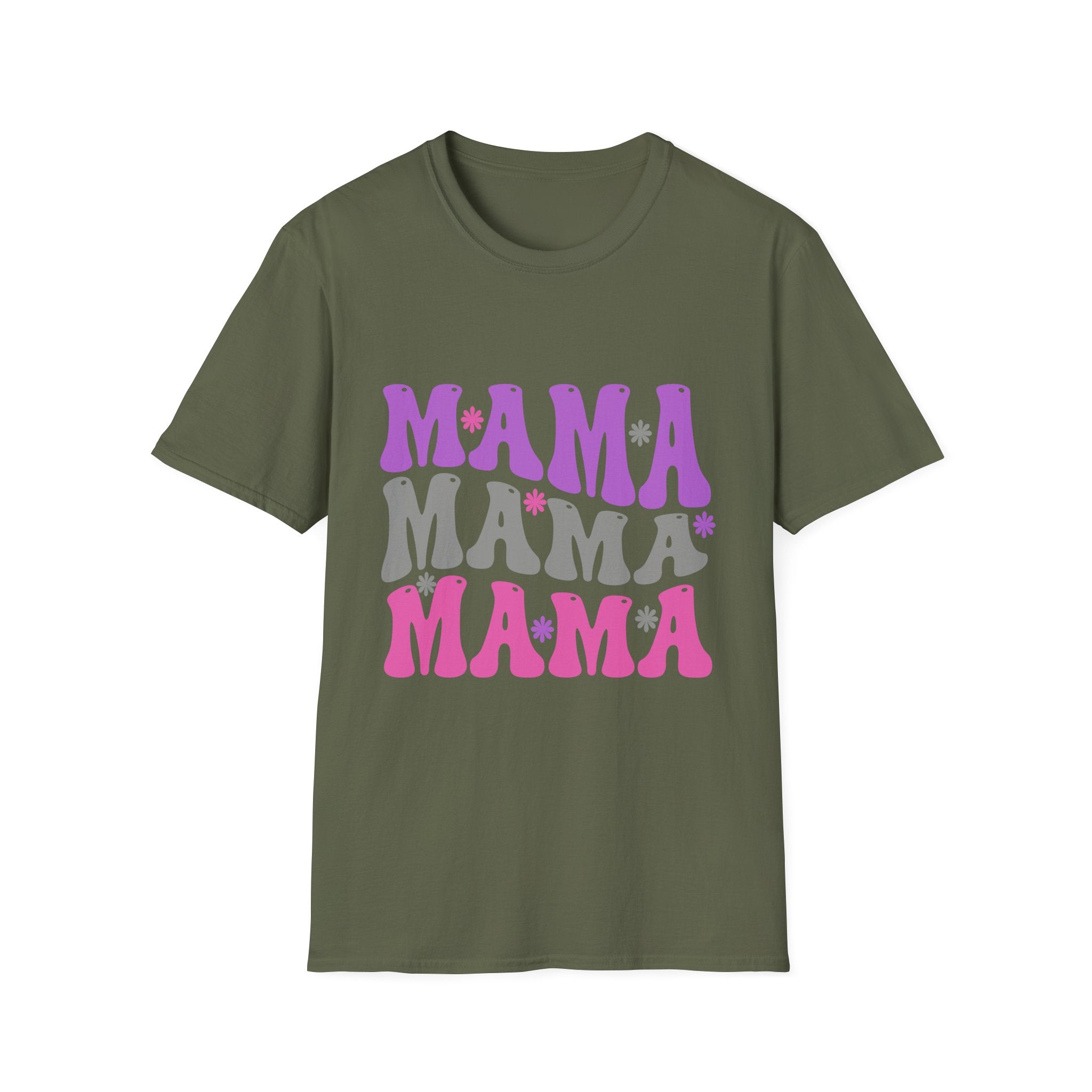 Mama Retro Graphic T-Shirt — Pink & Gray Stacked 'MAMA' Design