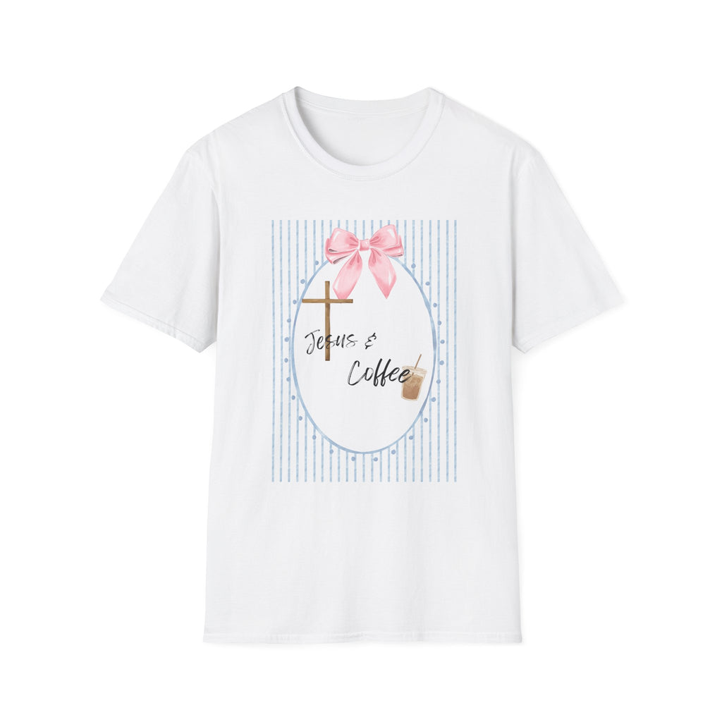 Jesus & Coffee T-Shirt — Pastel Cross and Pink Bow Christian Tee