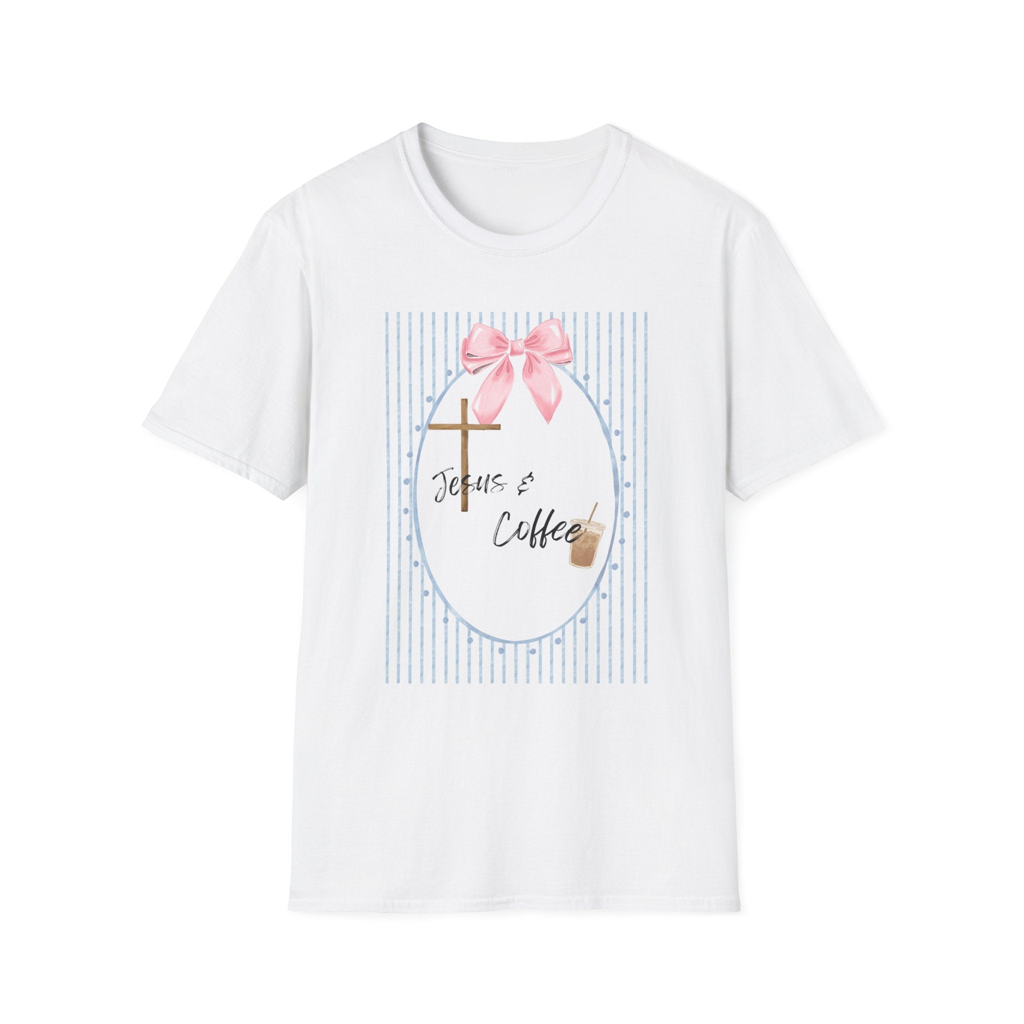 Jesus & Coffee T-Shirt — Pastel Cross and Pink Bow Christian Tee