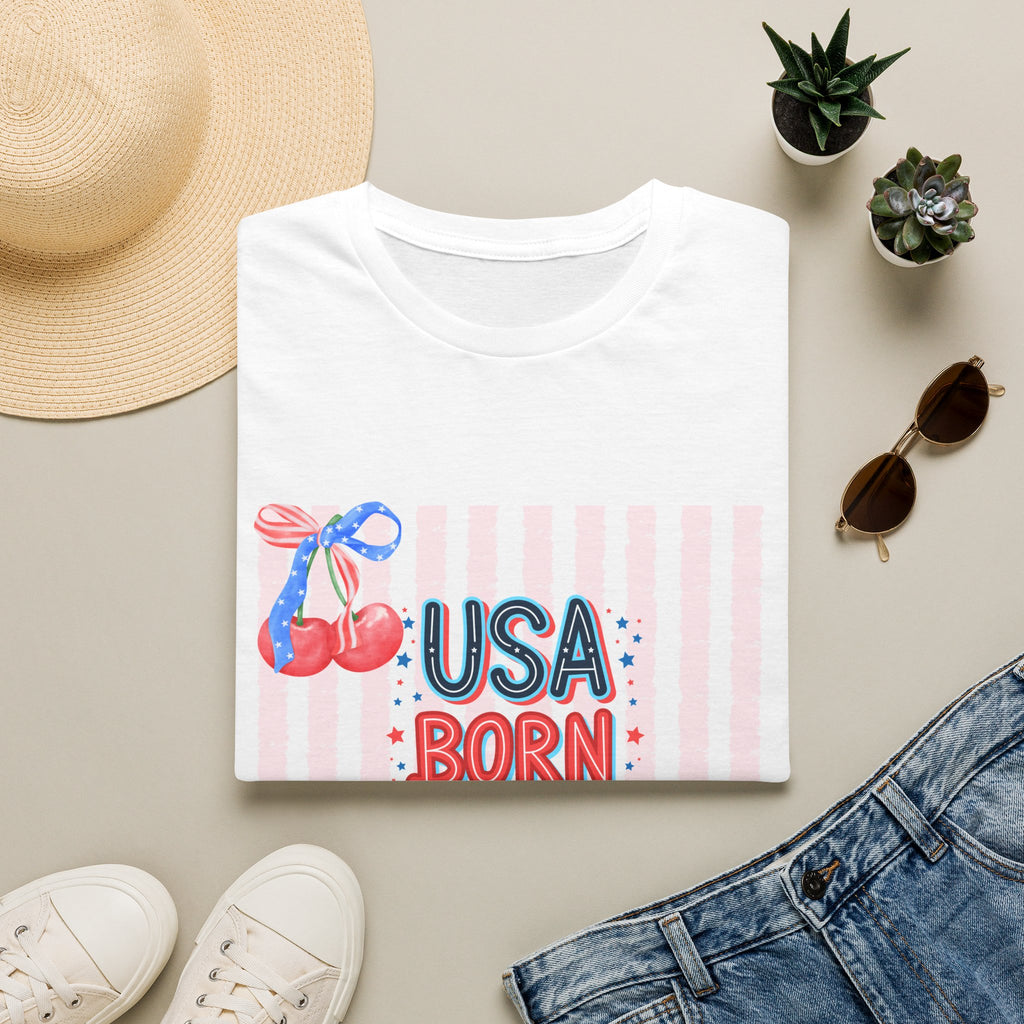 USA Born & Raised T-Shirt — Patriotic Cherry Graphic Tee for 4th of July
