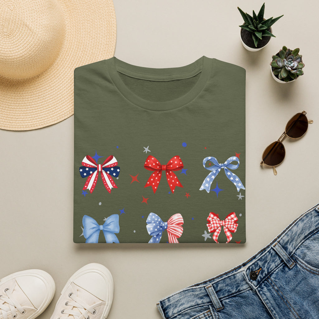 Patriotic Bow Pattern T-Shirt — Red White & Blue Ribbon Graphic