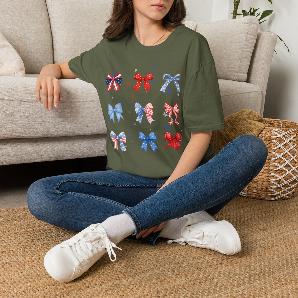 Patriotic Bow Pattern T-Shirt — Red White & Blue Ribbon Graphic