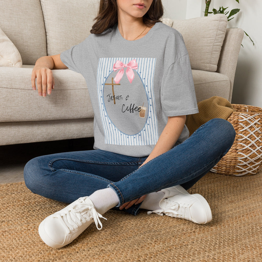 Jesus & Coffee T-Shirt — Pastel Cross and Pink Bow Christian Tee