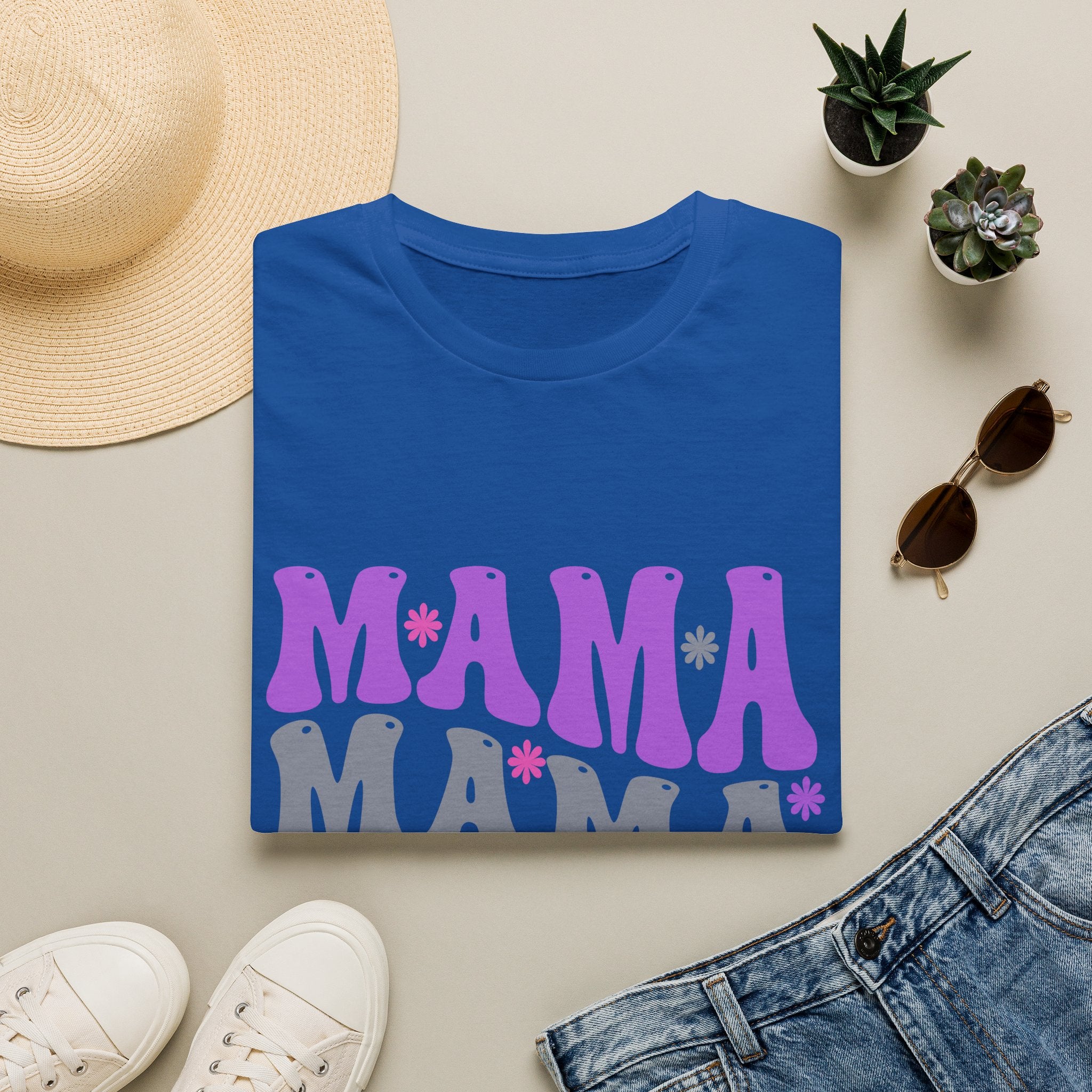 Mama Retro Graphic T-Shirt — Pink & Gray Stacked 'MAMA' Design