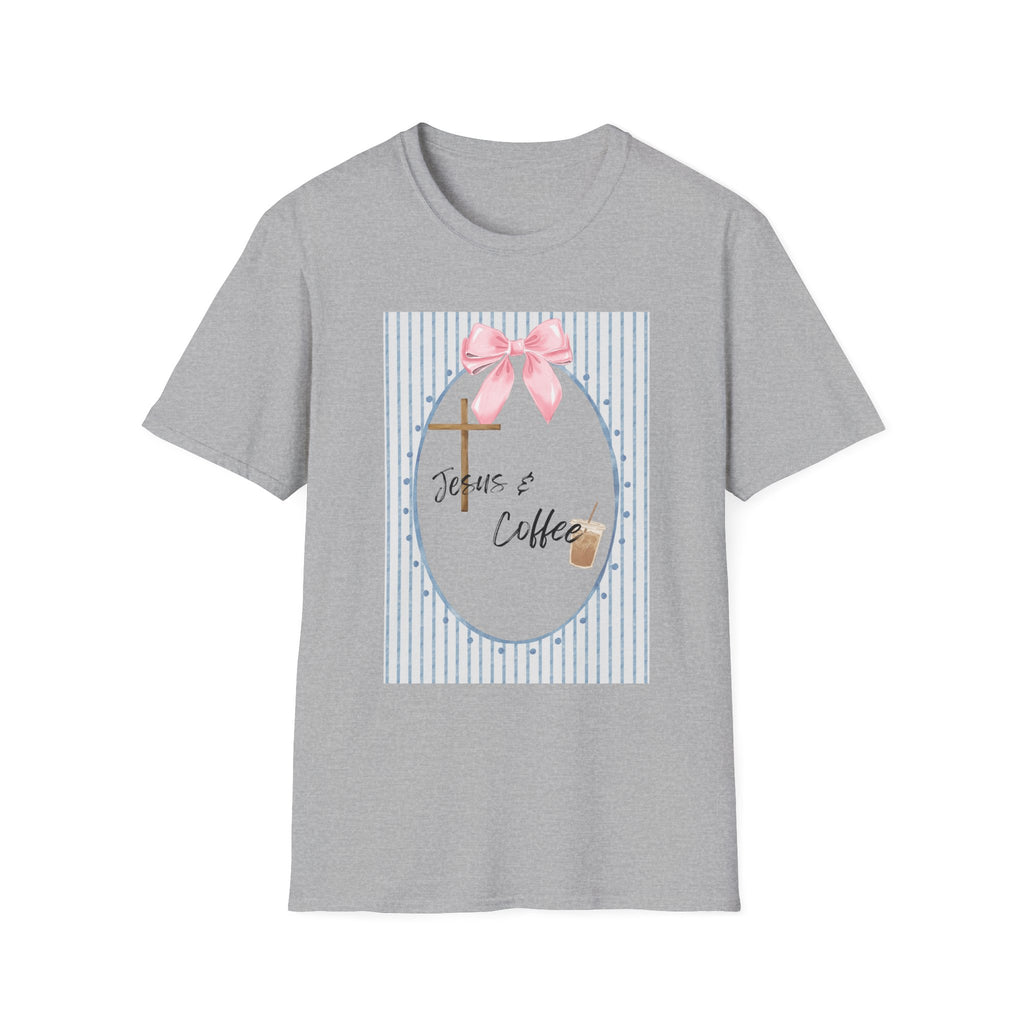 Jesus & Coffee T-Shirt — Pastel Cross and Pink Bow Christian Tee