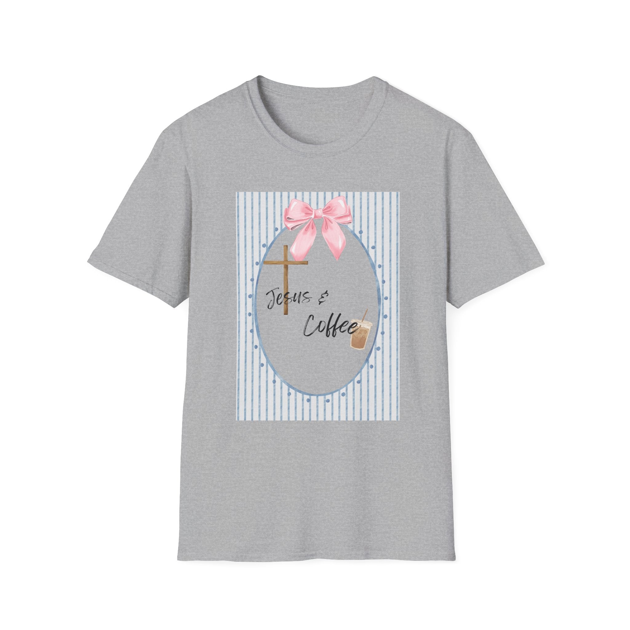 Jesus & Coffee T-Shirt — Pastel Cross and Pink Bow Christian Tee