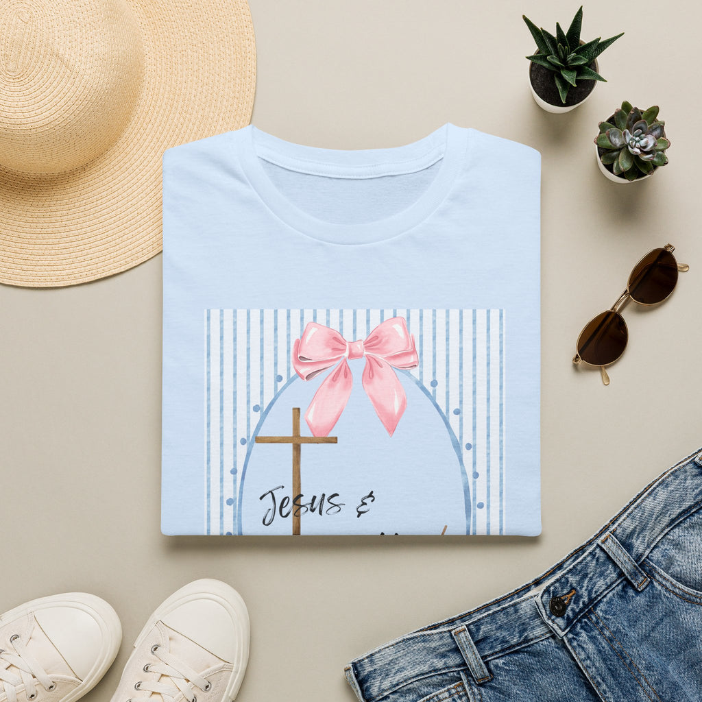 Jesus & Coffee T-Shirt — Pastel Cross and Pink Bow Christian Tee