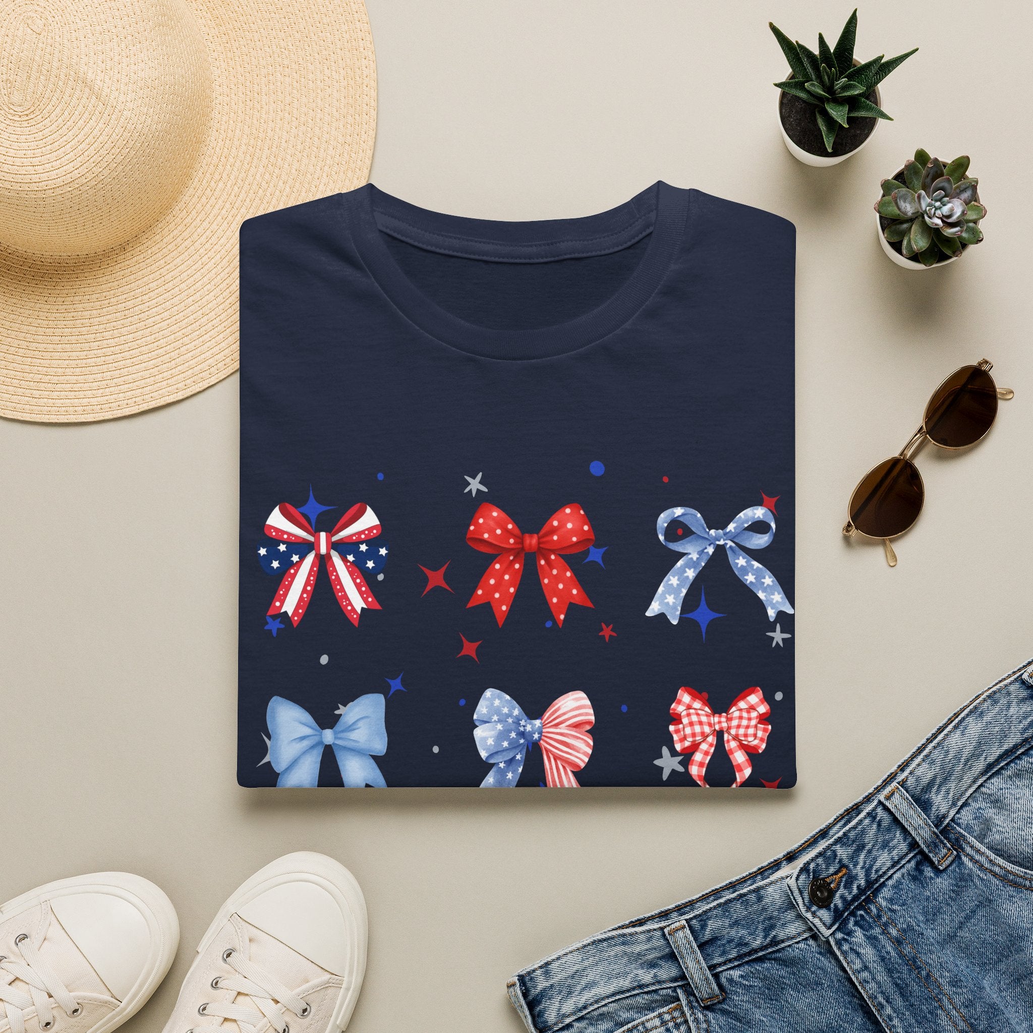 Patriotic Bow Pattern T-Shirt — Red White & Blue Ribbon Graphic