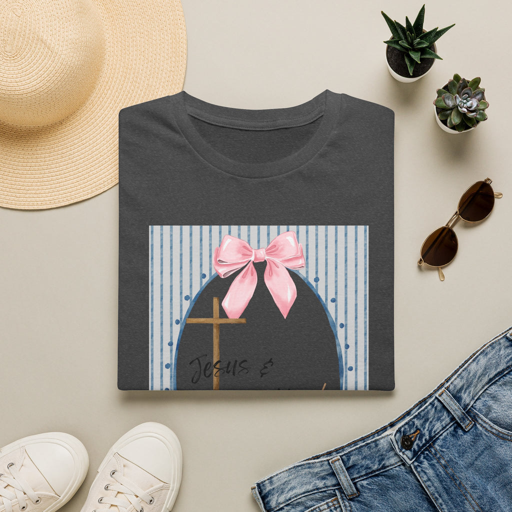Jesus & Coffee T-Shirt — Pastel Cross and Pink Bow Christian Tee