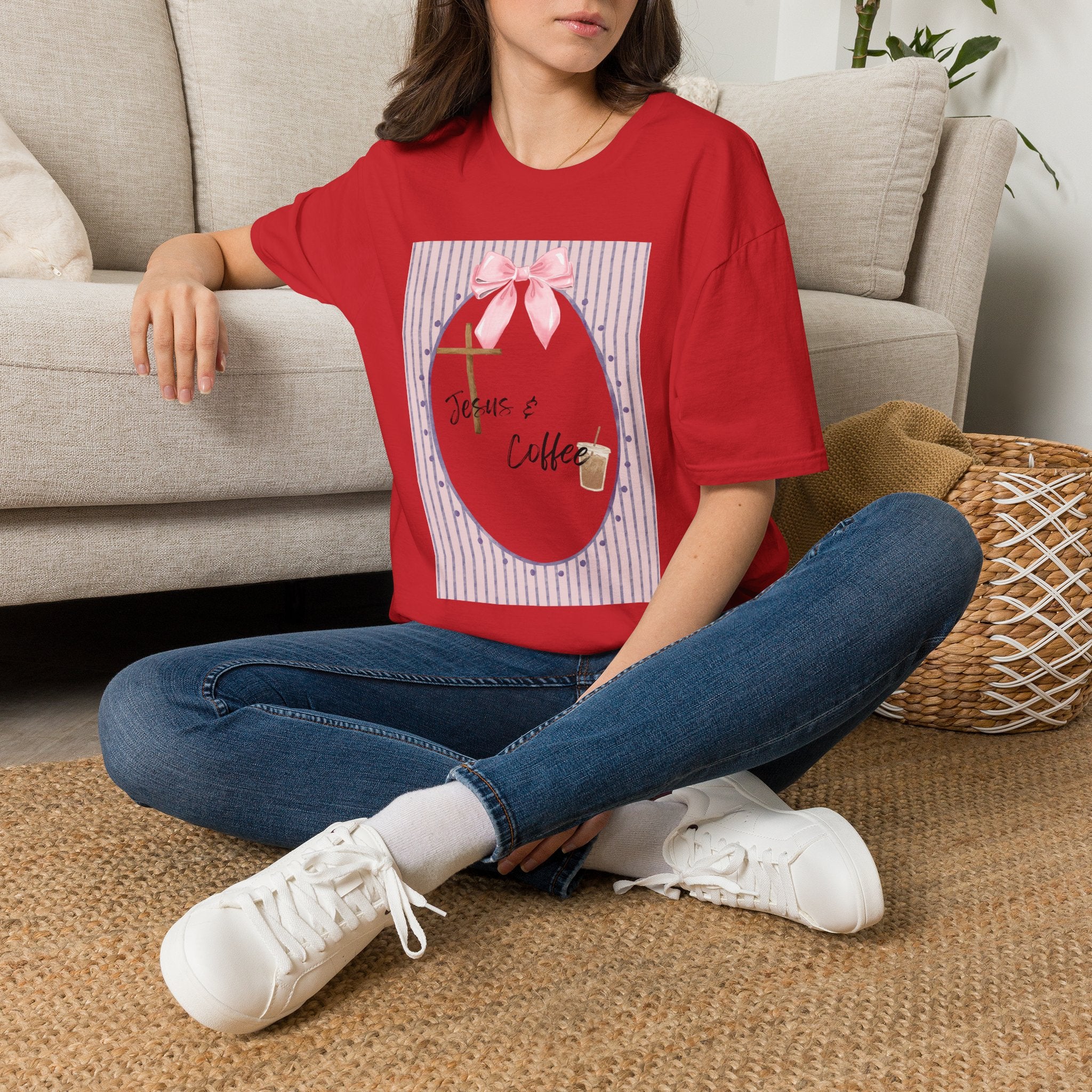 Jesus & Coffee T-Shirt — Pastel Cross and Pink Bow Christian Tee