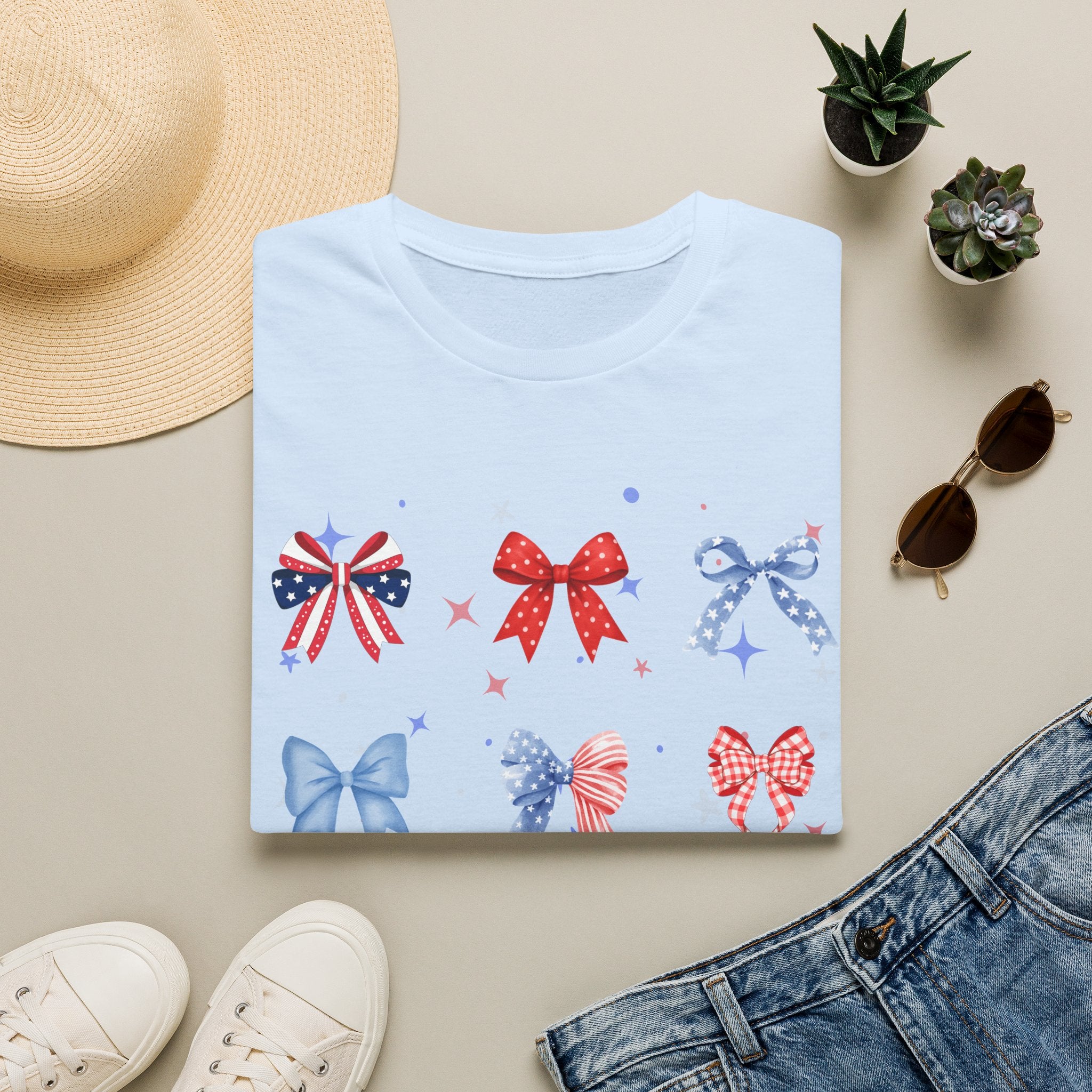 Patriotic Bow Pattern T-Shirt — Red White & Blue Ribbon Graphic