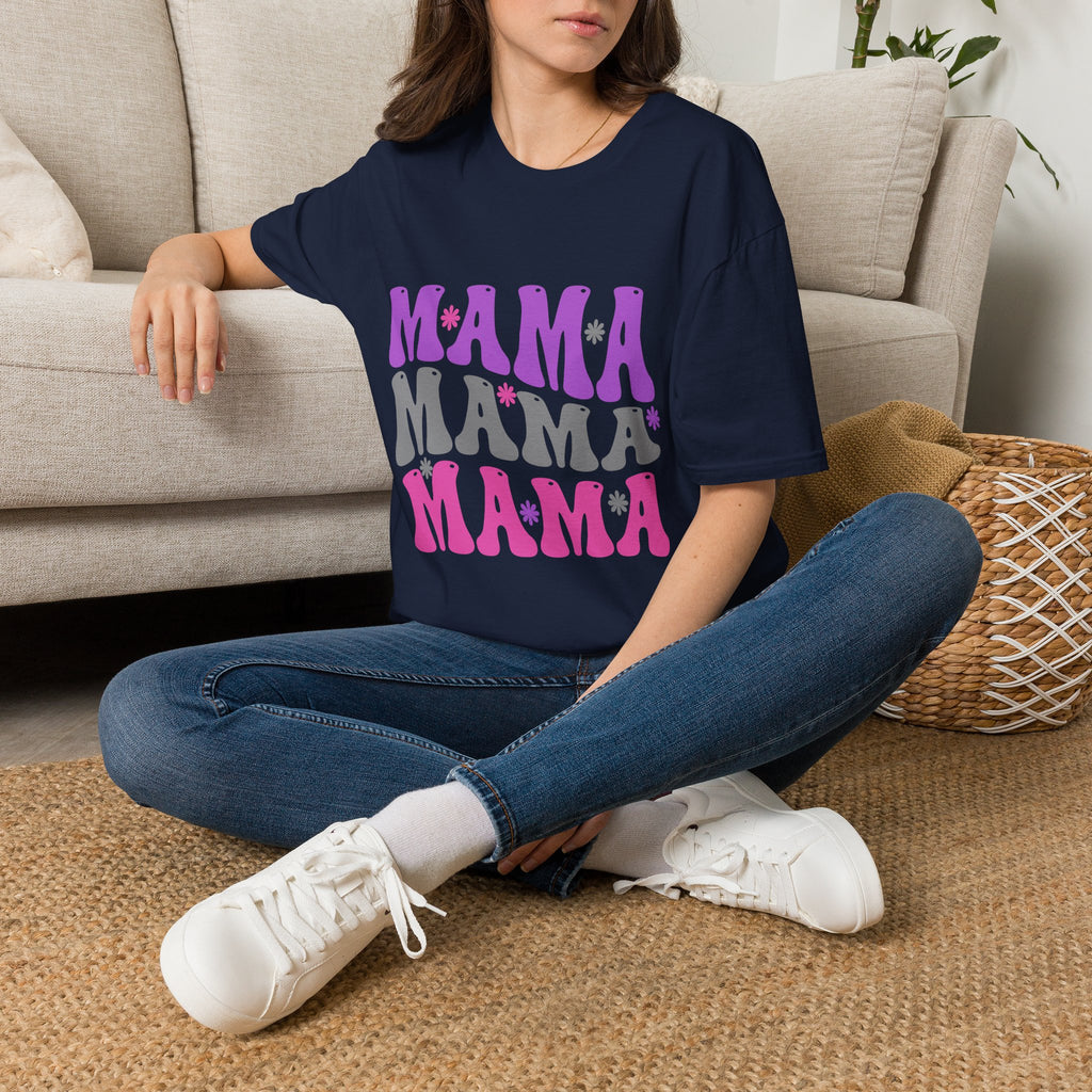 Mama Retro Graphic T-Shirt — Pink & Gray Stacked 'MAMA' Design