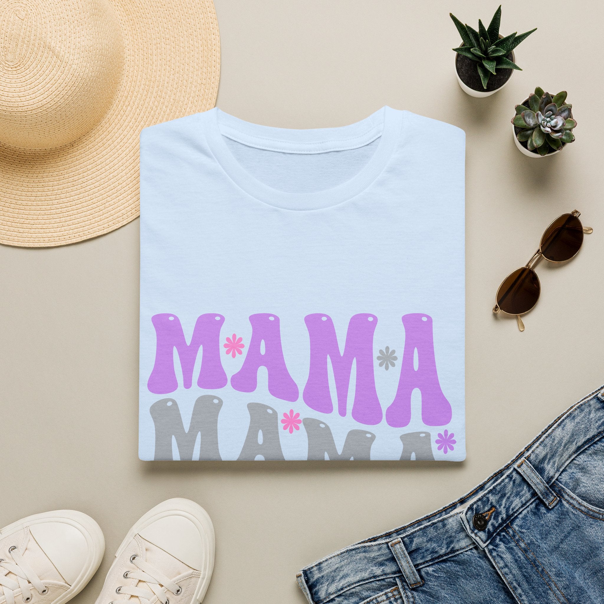 Mama Retro Graphic T-Shirt — Pink & Gray Stacked 'MAMA' Design