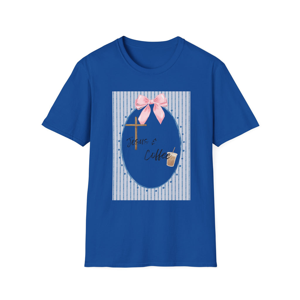 Jesus & Coffee T-Shirt — Pastel Cross and Pink Bow Christian Tee