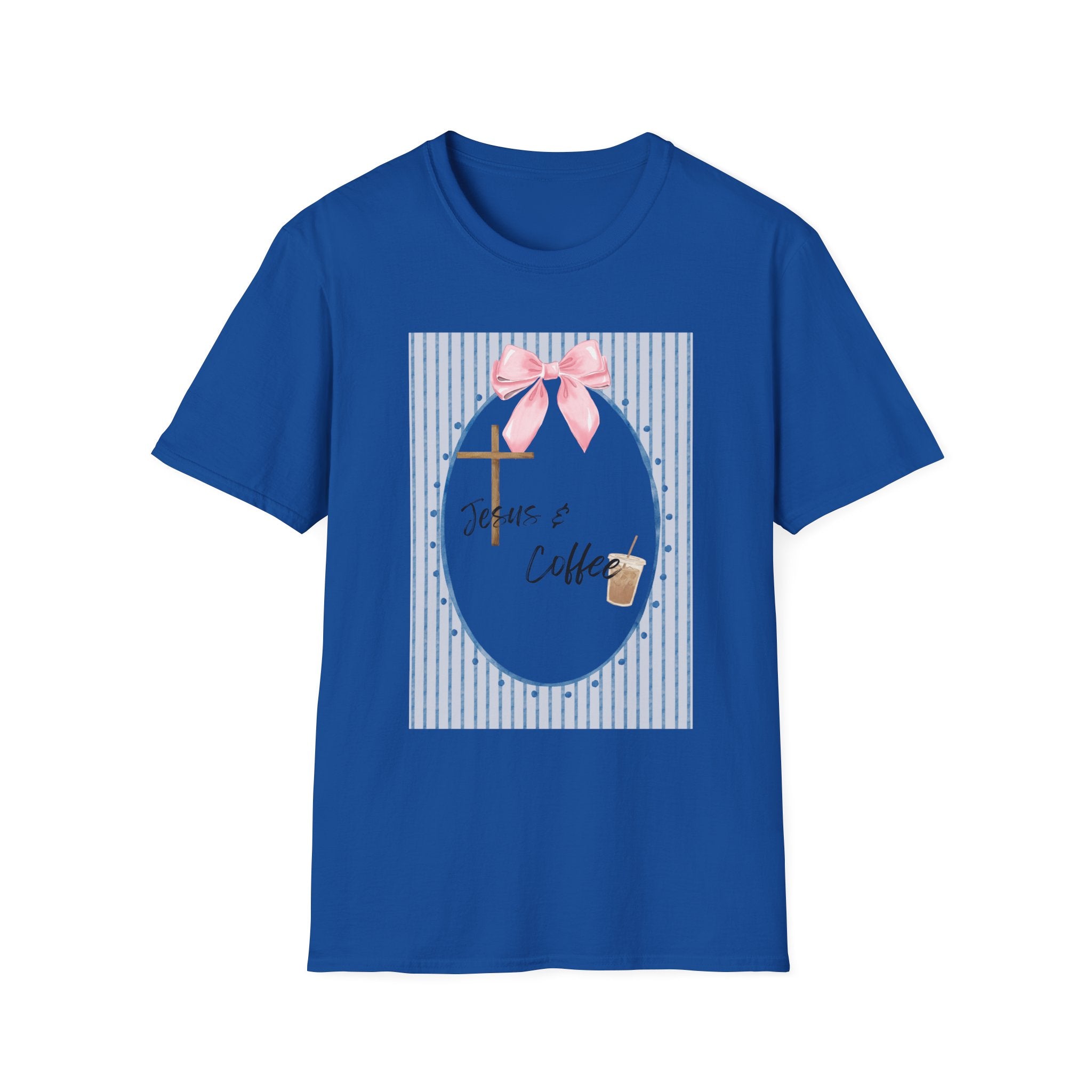 Jesus & Coffee T-Shirt — Pastel Cross and Pink Bow Christian Tee