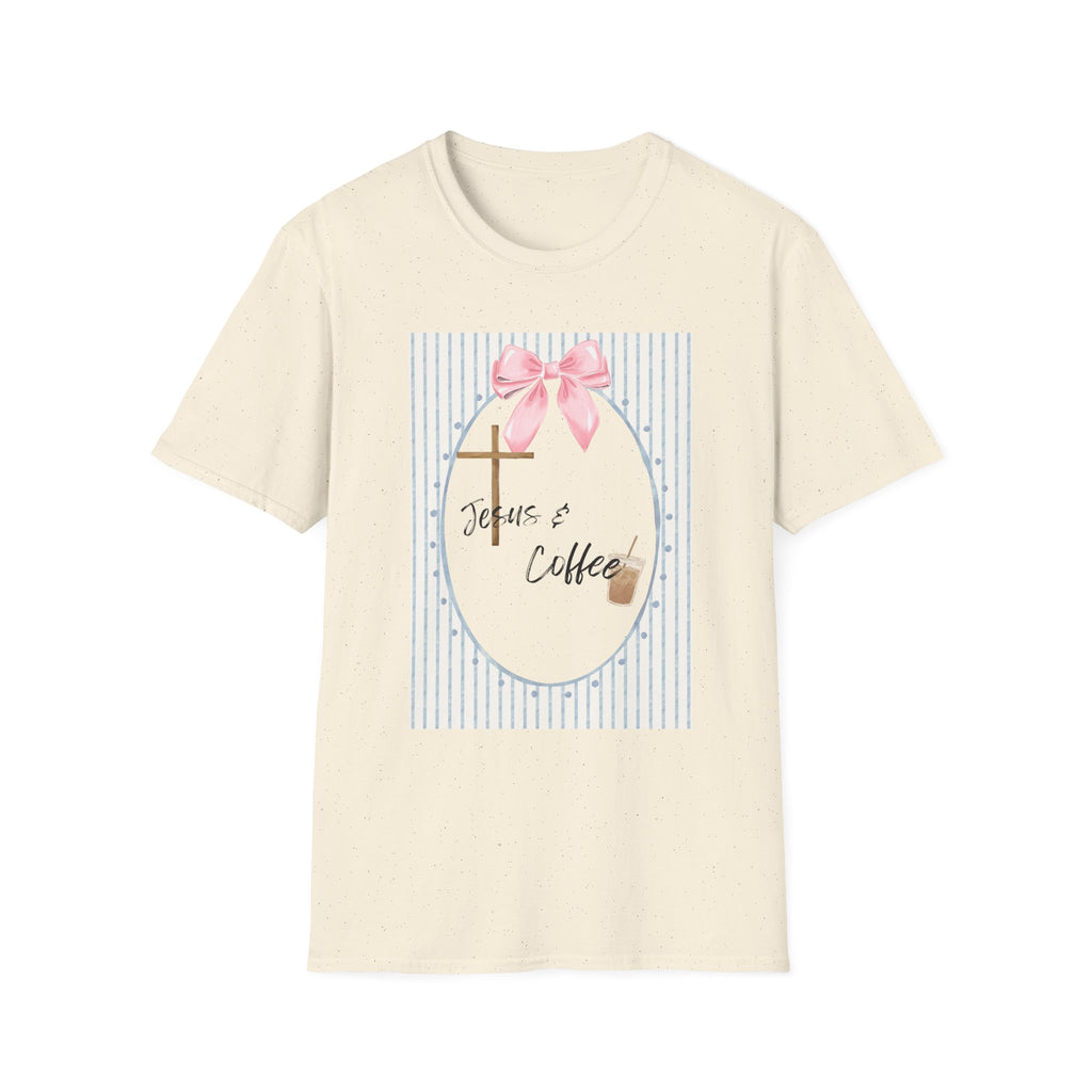 Jesus & Coffee T-Shirt — Pastel Cross and Pink Bow Christian Tee