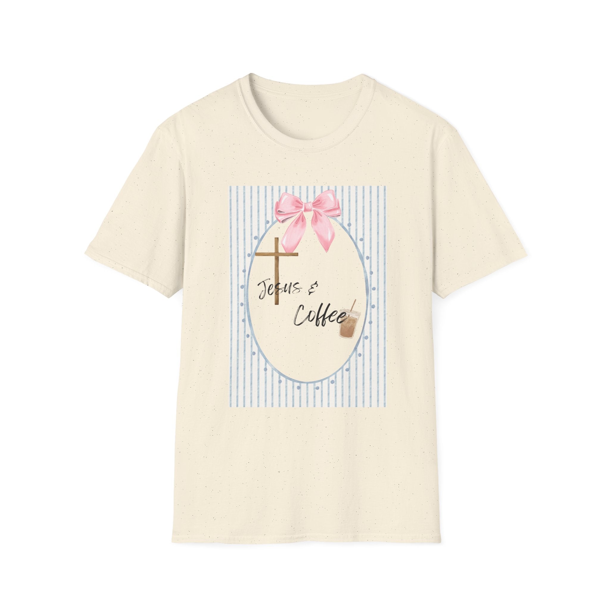 Jesus & Coffee T-Shirt — Pastel Cross and Pink Bow Christian Tee