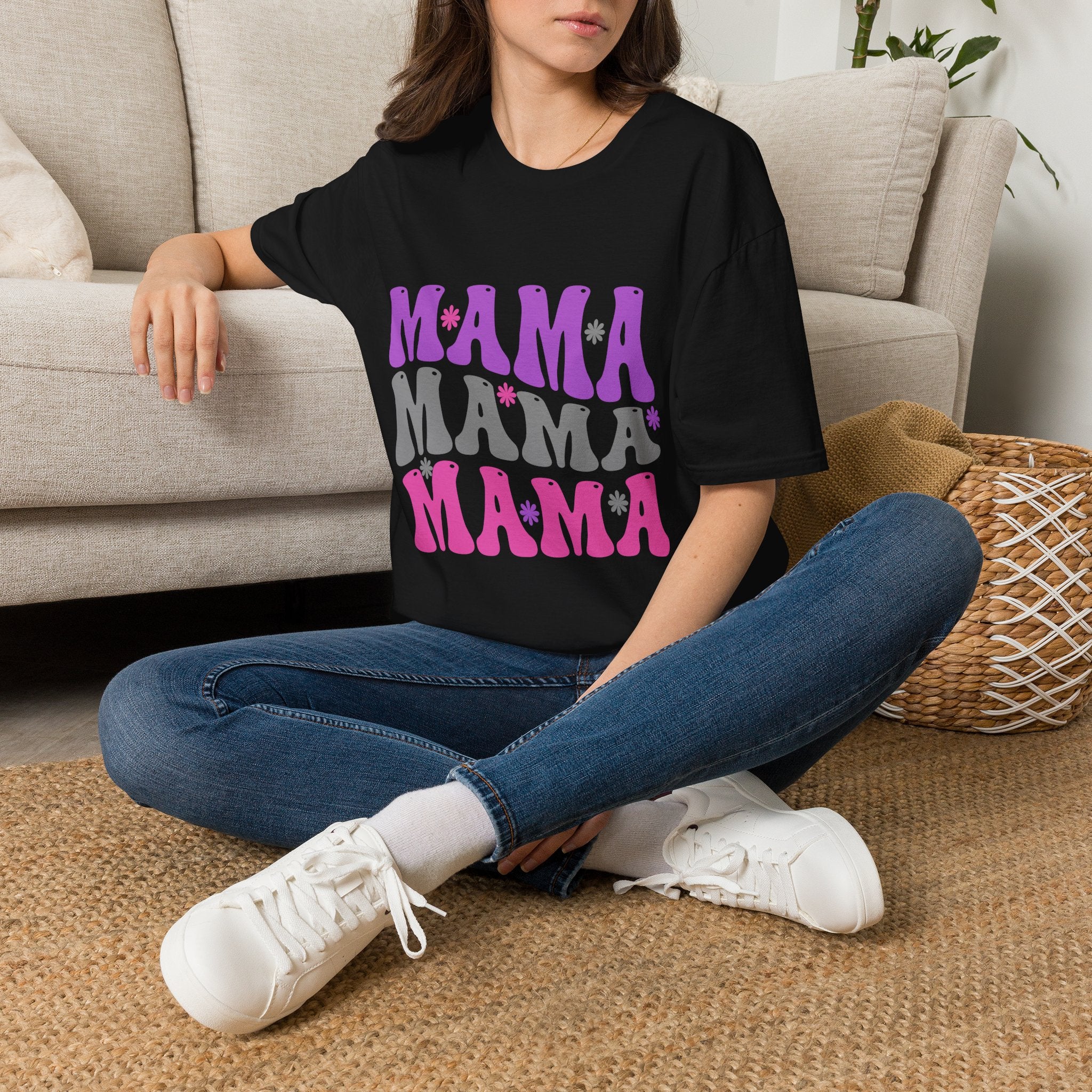 Mama Retro Graphic T-Shirt — Pink & Gray Stacked 'MAMA' Design