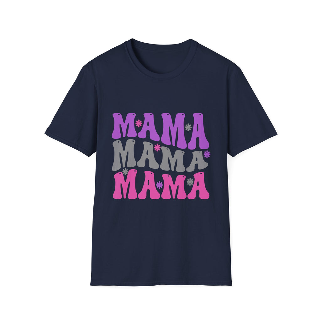 Mama Retro Graphic T-Shirt — Pink & Gray Stacked 'MAMA' Design