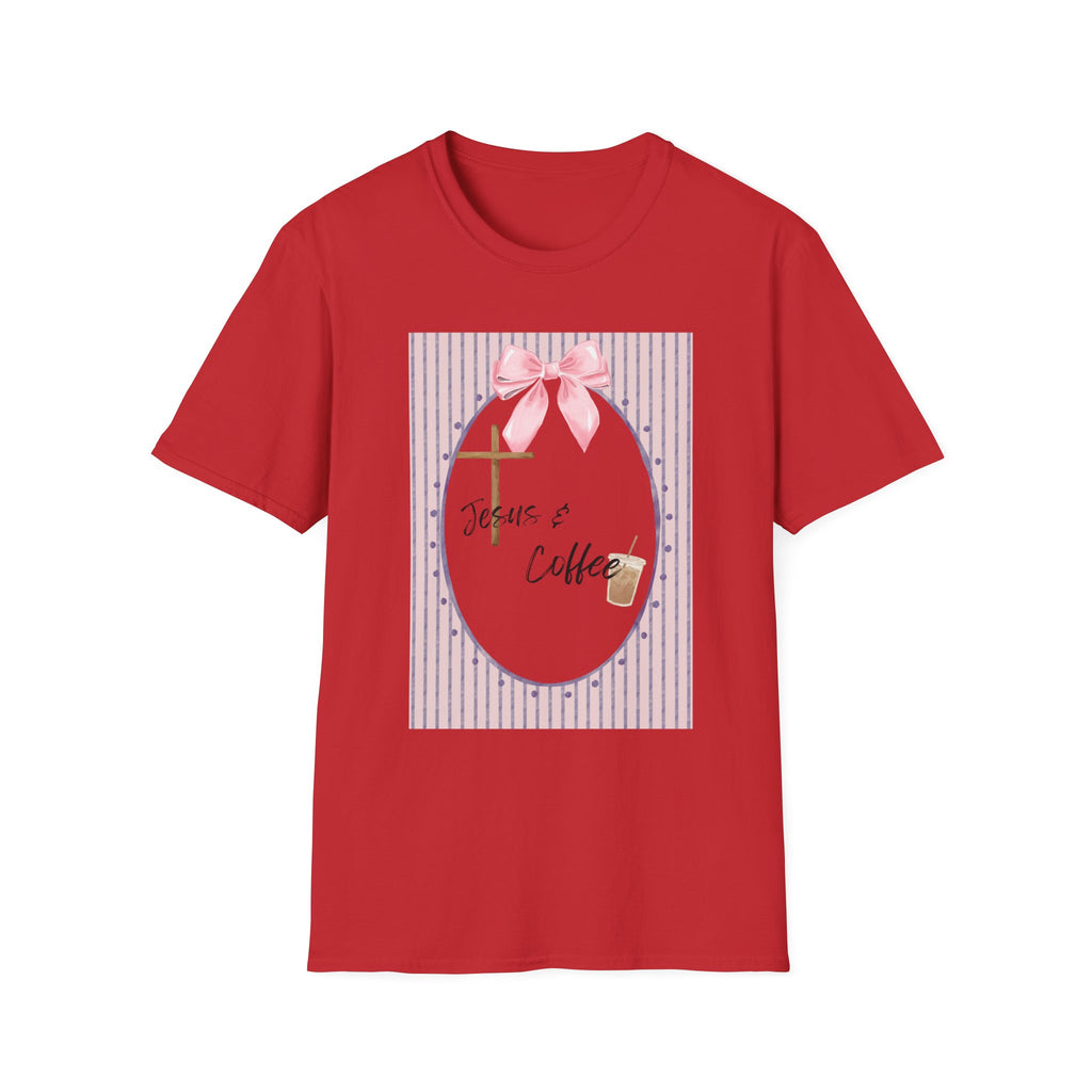 Jesus & Coffee T-Shirt — Pastel Cross and Pink Bow Christian Tee