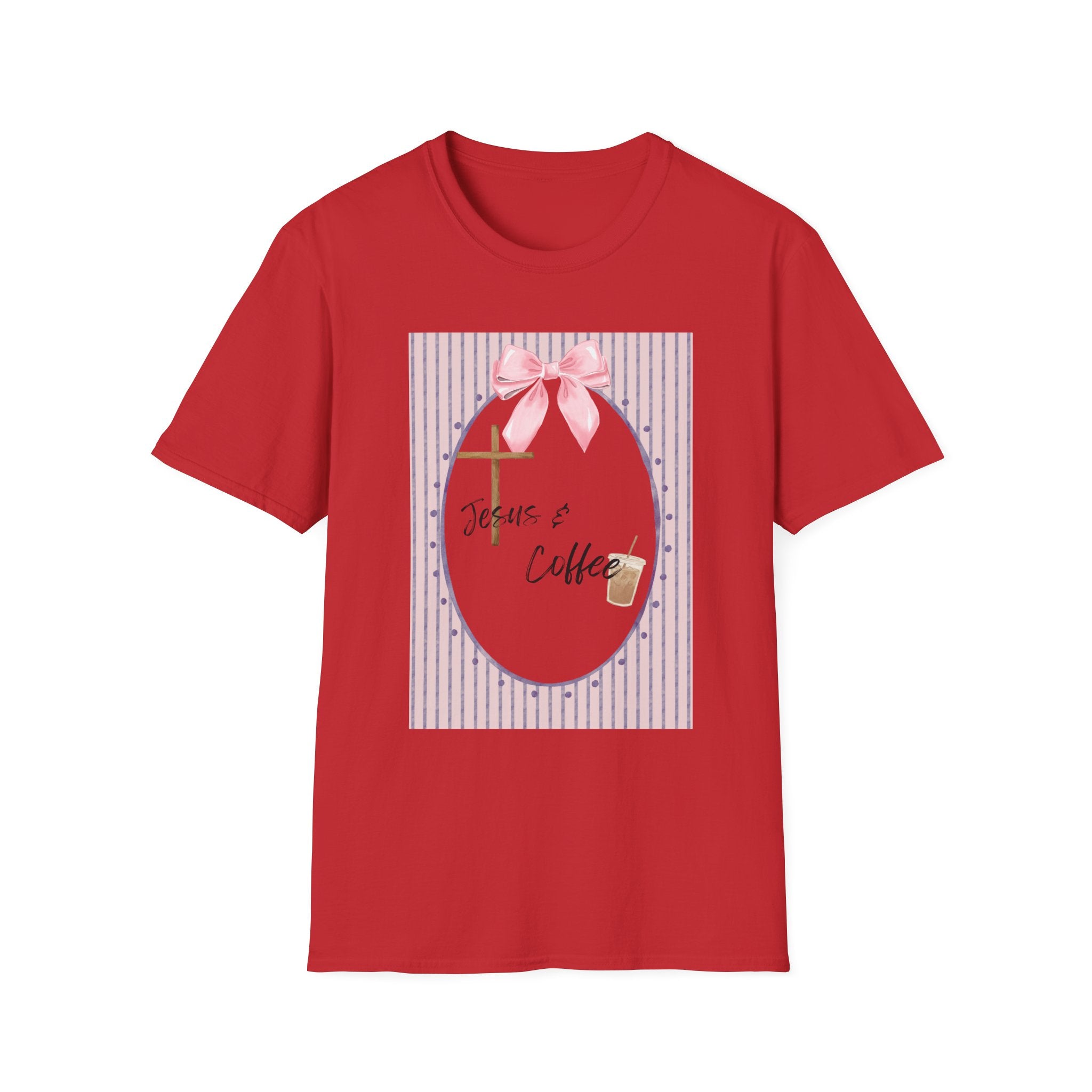 Jesus & Coffee T-Shirt — Pastel Cross and Pink Bow Christian Tee
