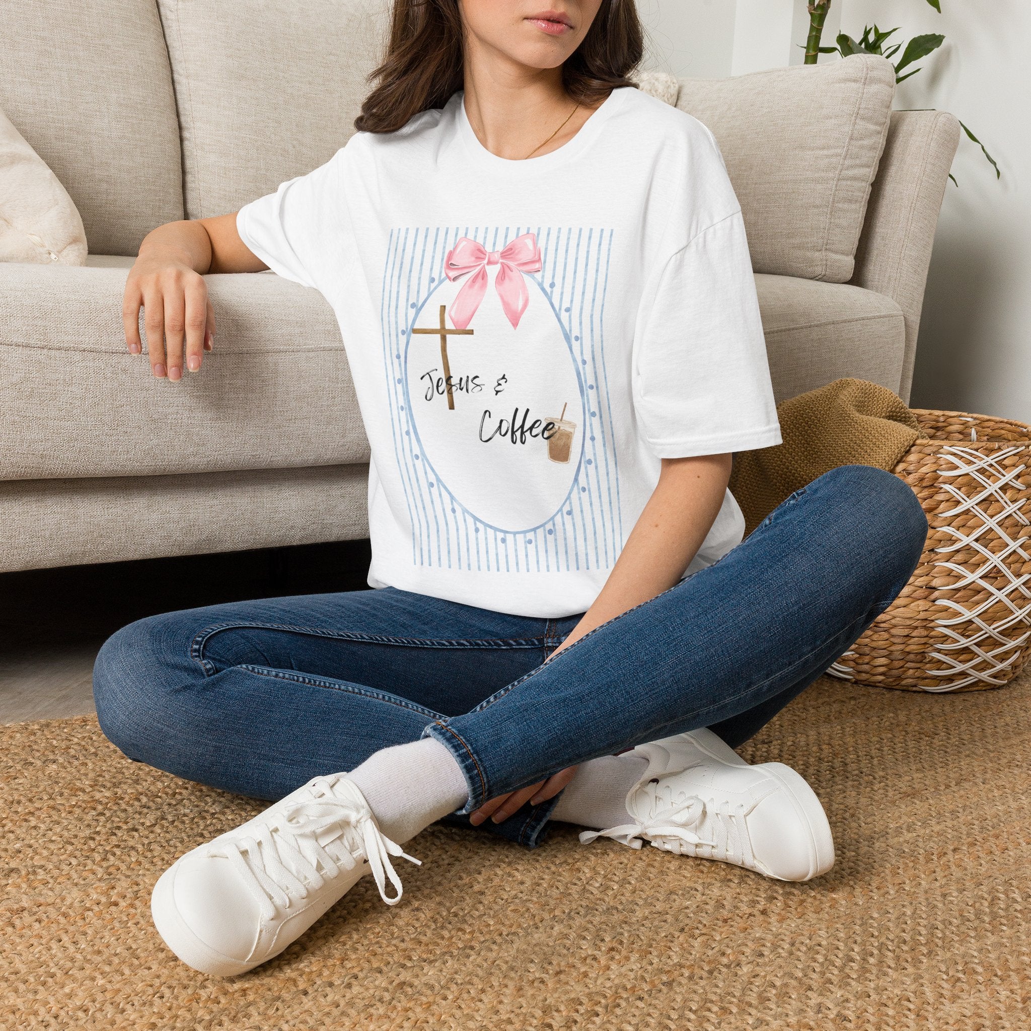 Jesus & Coffee T-Shirt — Pastel Cross and Pink Bow Christian Tee