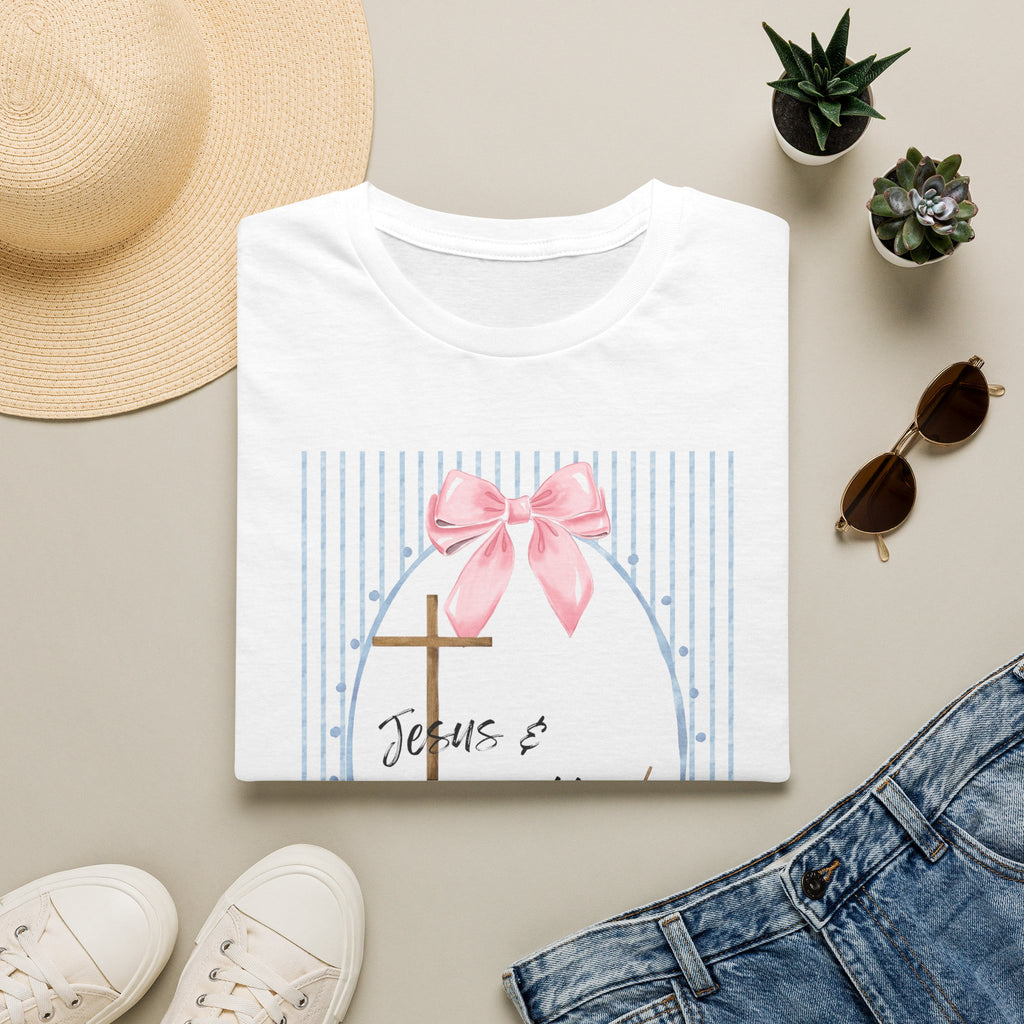 Jesus & Coffee T-Shirt — Pastel Cross and Pink Bow Christian Tee