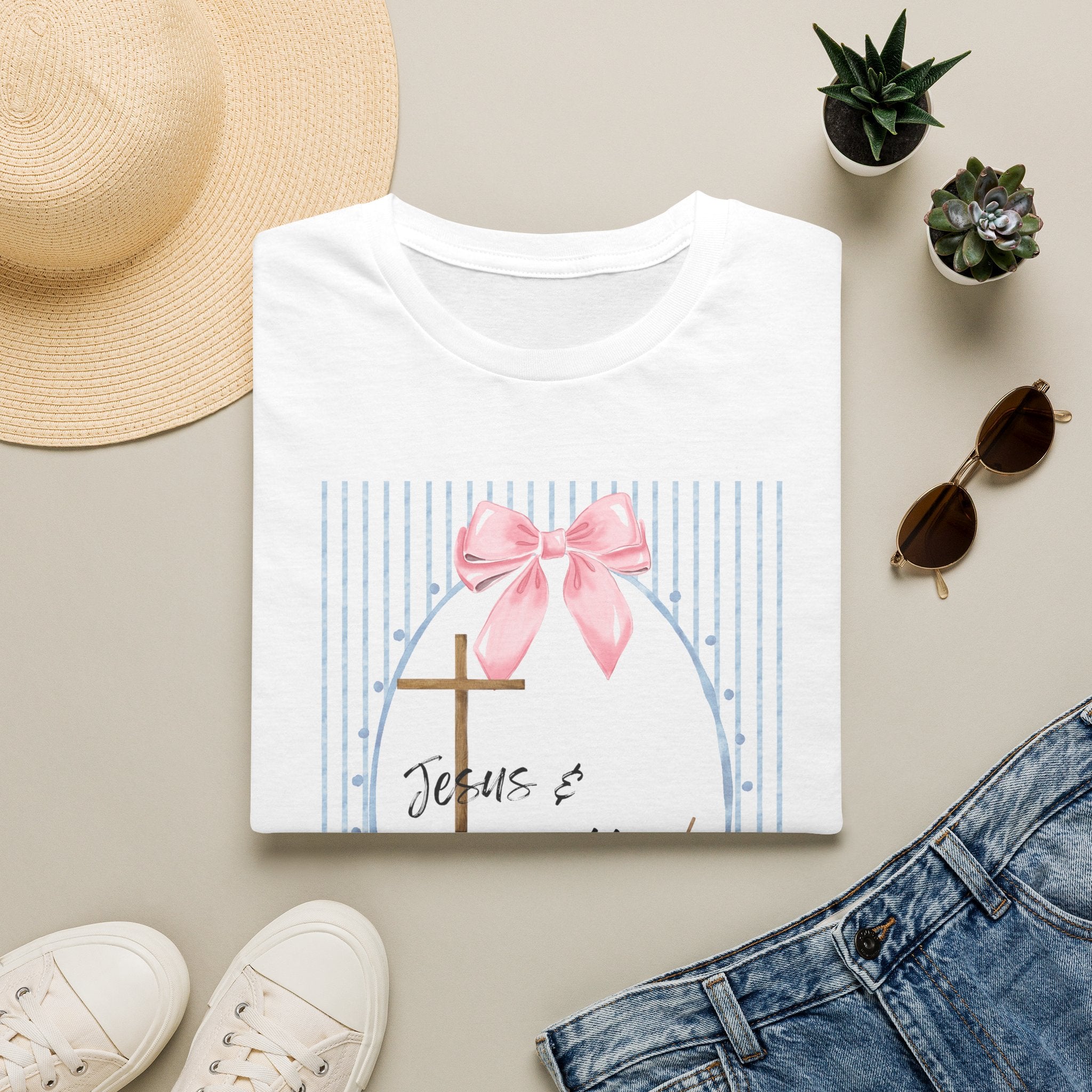 Jesus & Coffee T-Shirt — Pastel Cross and Pink Bow Christian Tee