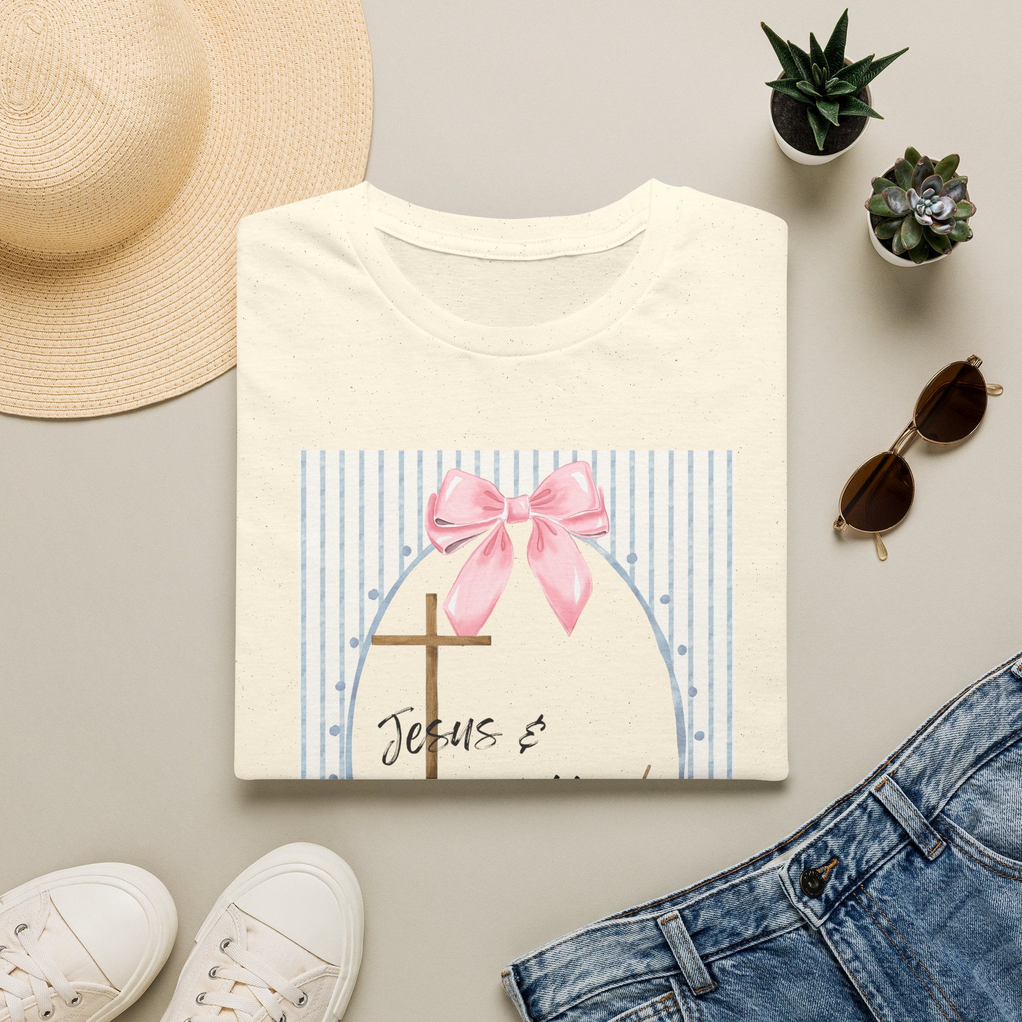 Jesus & Coffee T-Shirt — Pastel Cross and Pink Bow Christian Tee