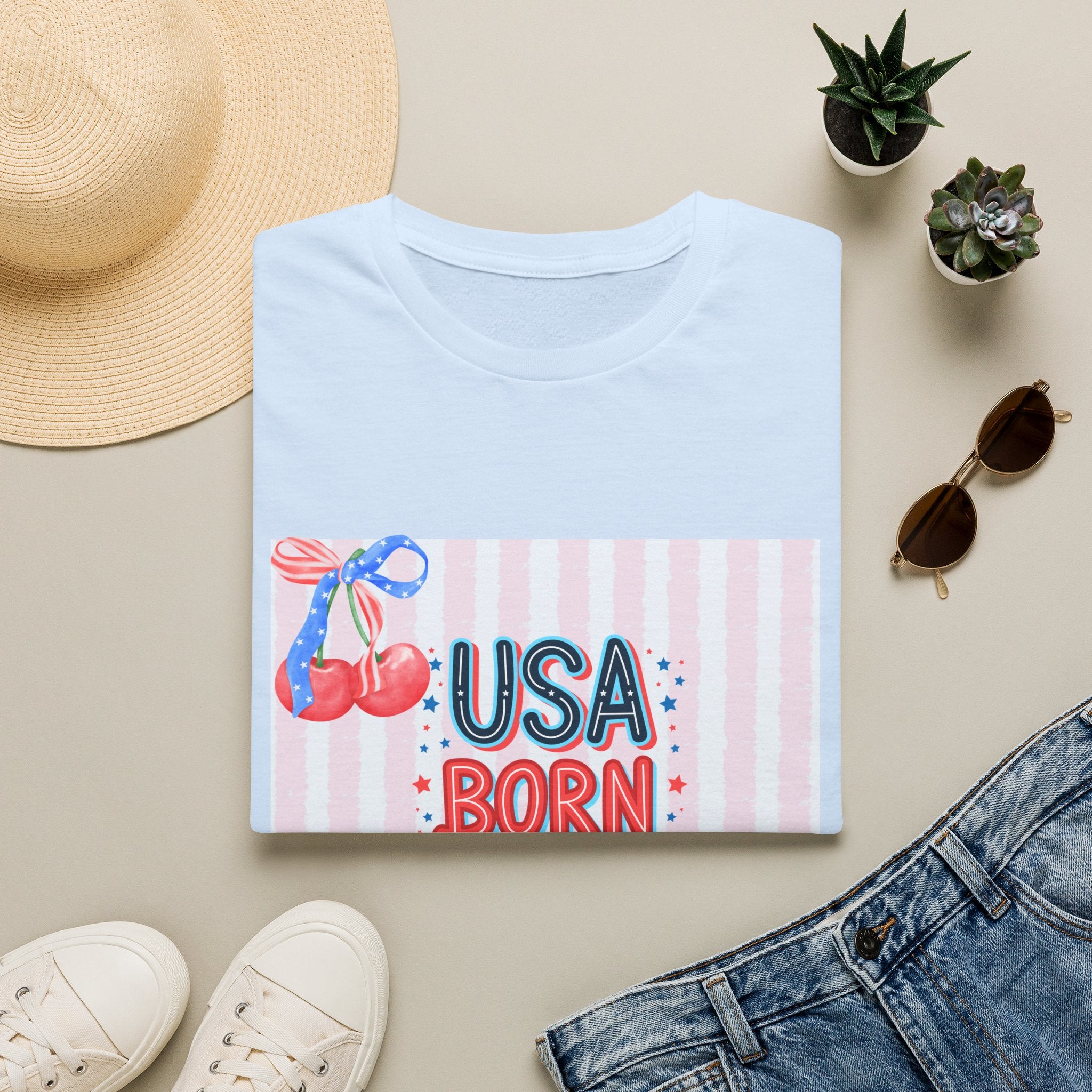 USA Born & Raised T-Shirt — Patriotic Cherry Graphic Tee for 4th of July