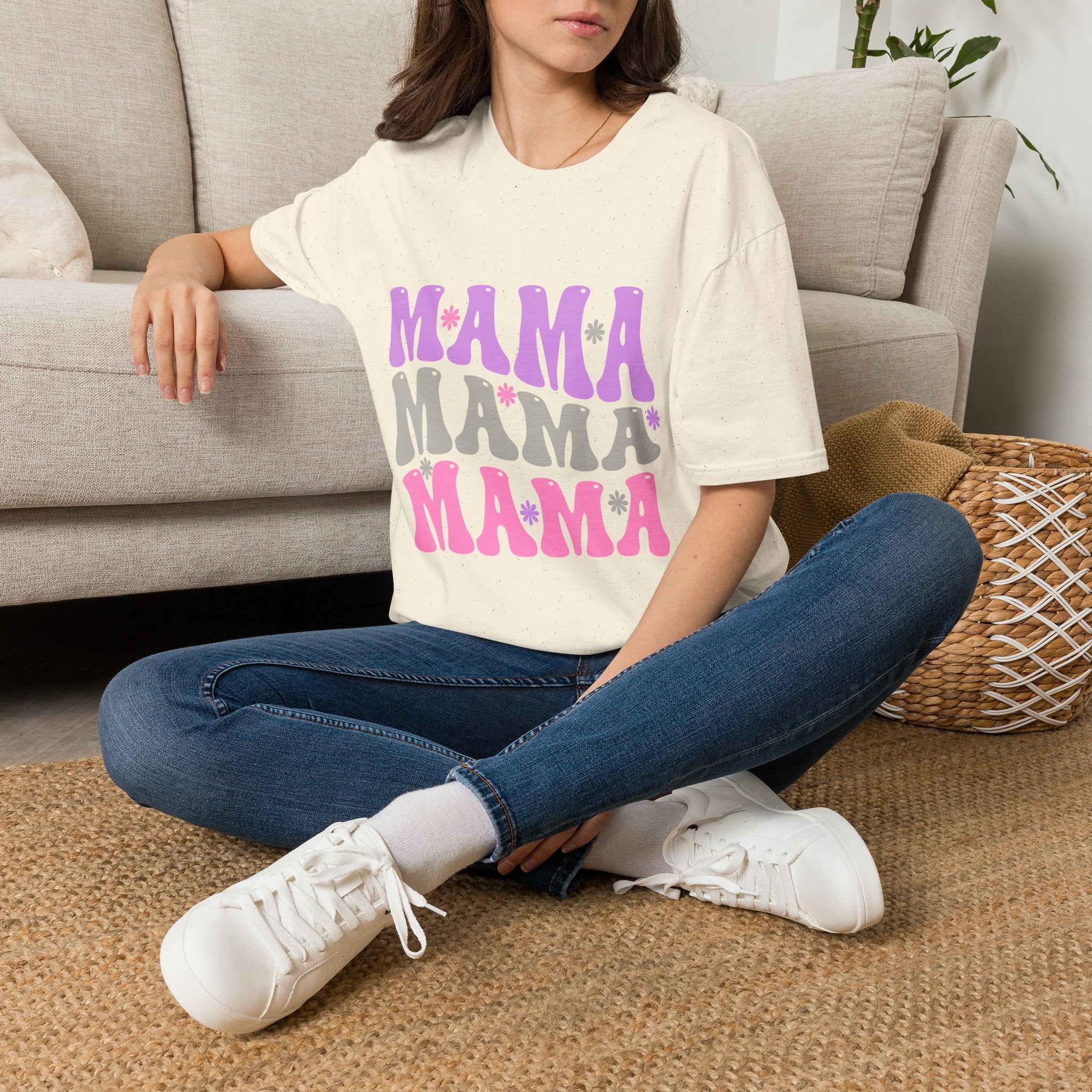Mama Retro Graphic T-Shirt — Pink & Gray Stacked 'MAMA' Design