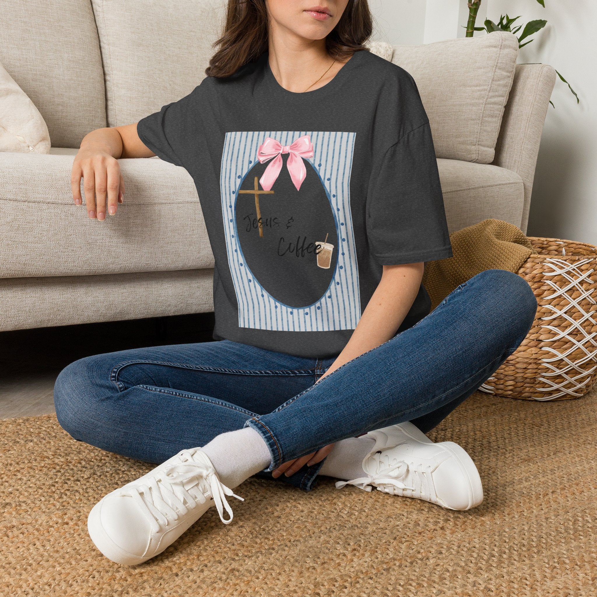 Jesus & Coffee T-Shirt — Pastel Cross and Pink Bow Christian Tee