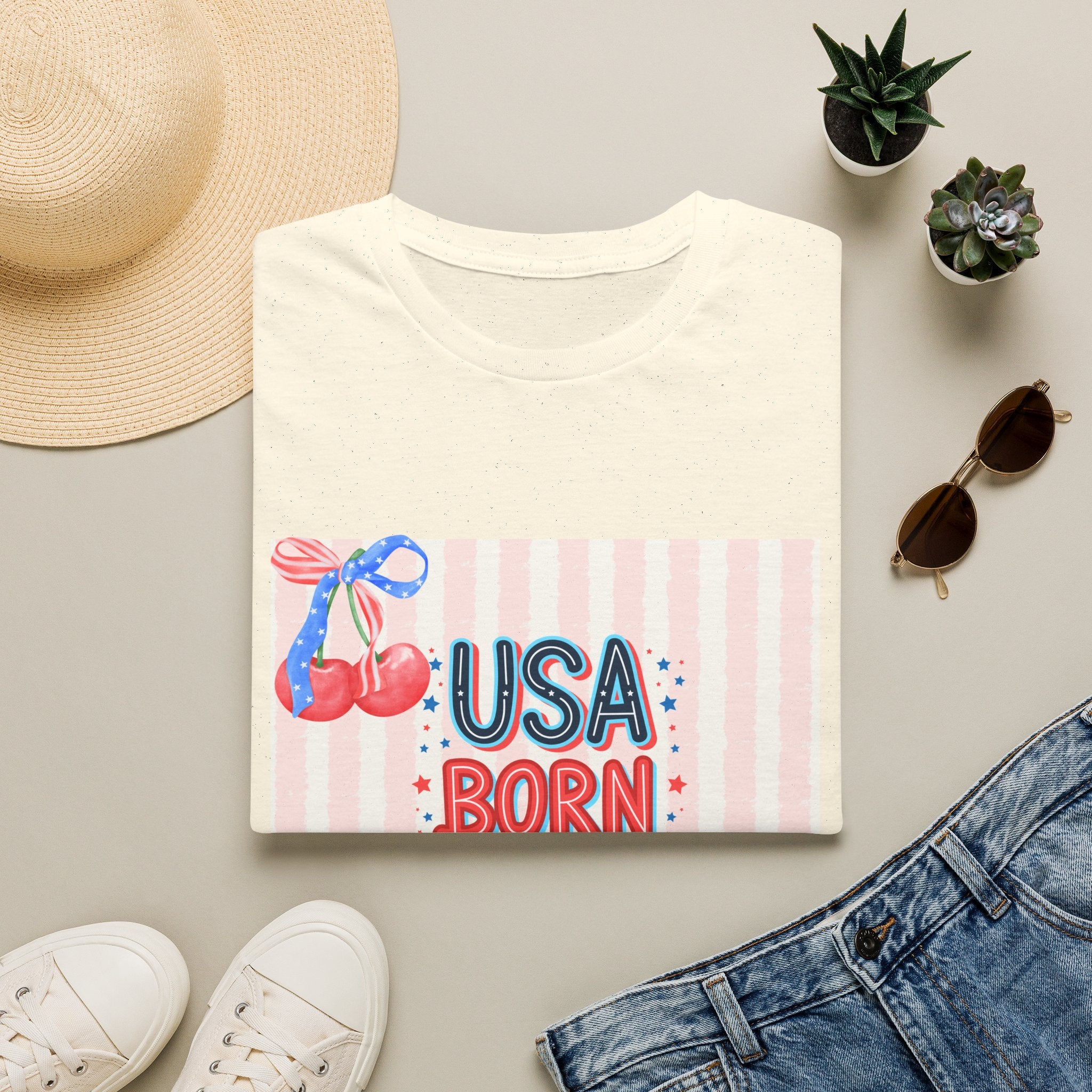 USA Born & Raised T-Shirt — Patriotic Cherry Graphic Tee for 4th of July