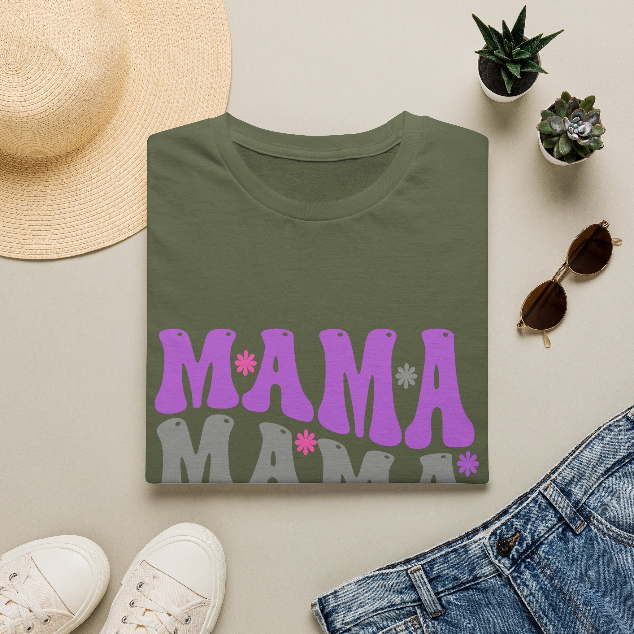 Mama Retro Graphic T-Shirt — Pink & Gray Stacked 'MAMA' Design