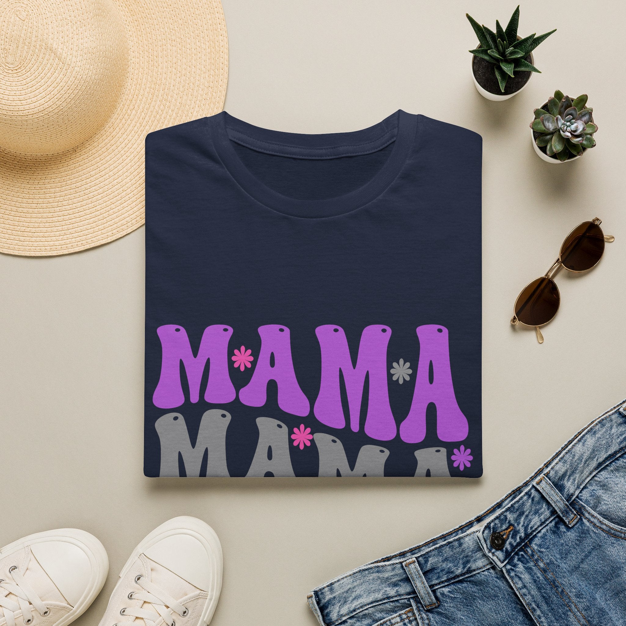 Mama Retro Graphic T-Shirt — Pink & Gray Stacked 'MAMA' Design