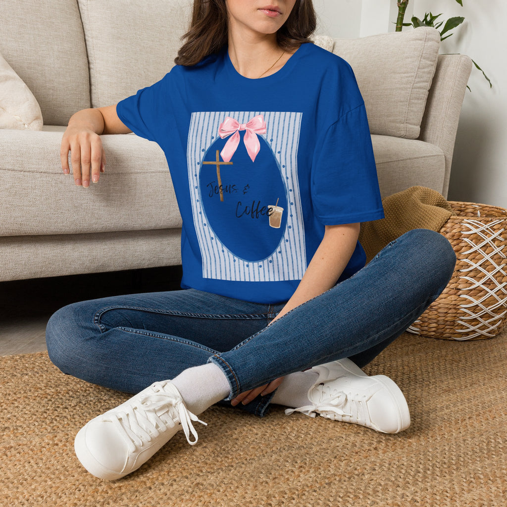 Jesus & Coffee T-Shirt — Pastel Cross and Pink Bow Christian Tee