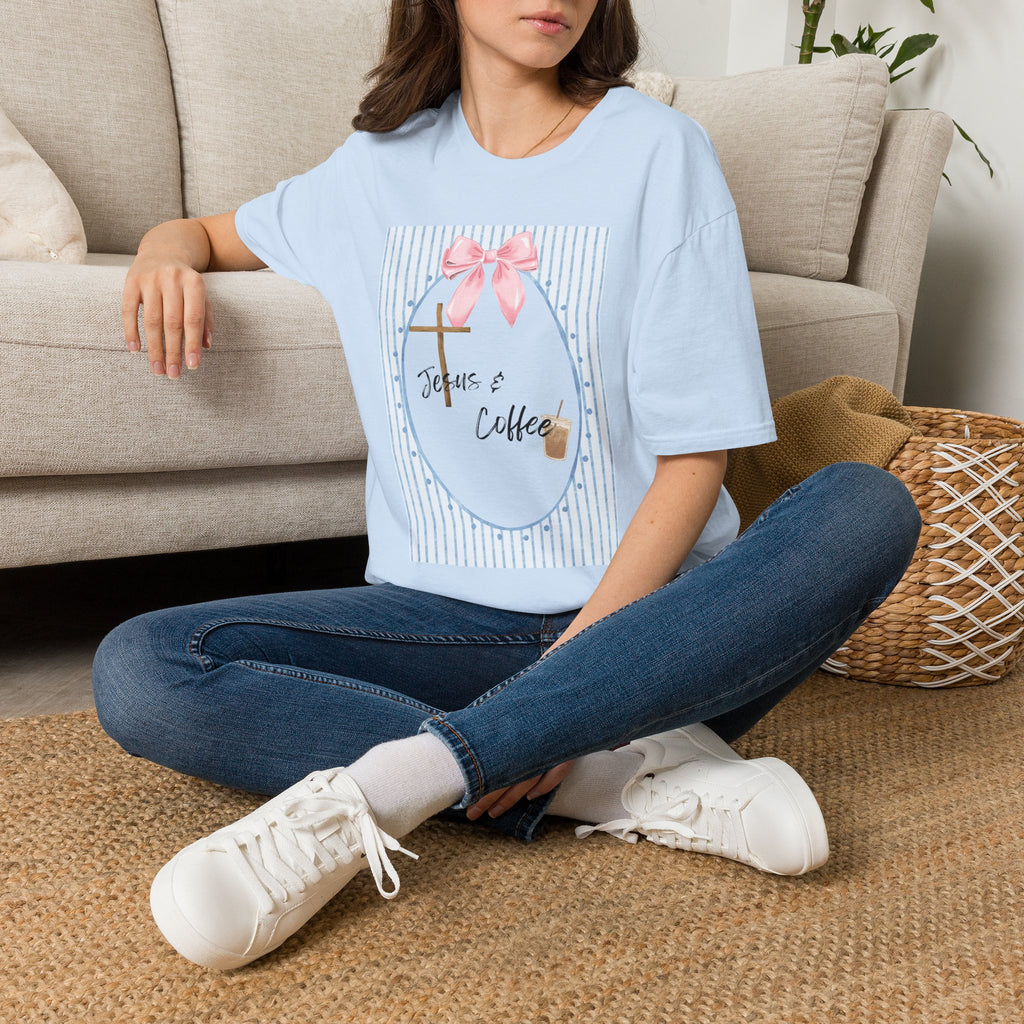 Jesus & Coffee T-Shirt — Pastel Cross and Pink Bow Christian Tee