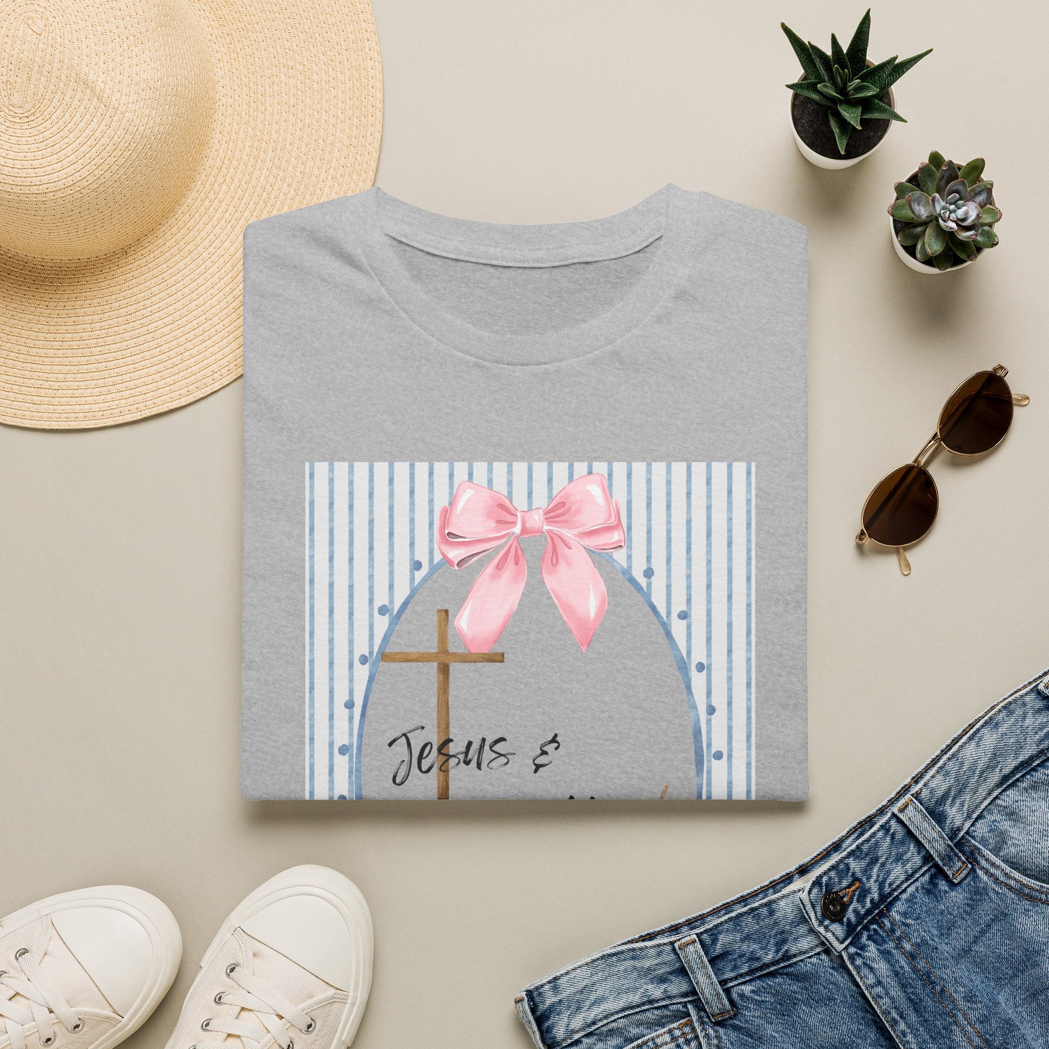Jesus & Coffee T-Shirt — Pastel Cross and Pink Bow Christian Tee