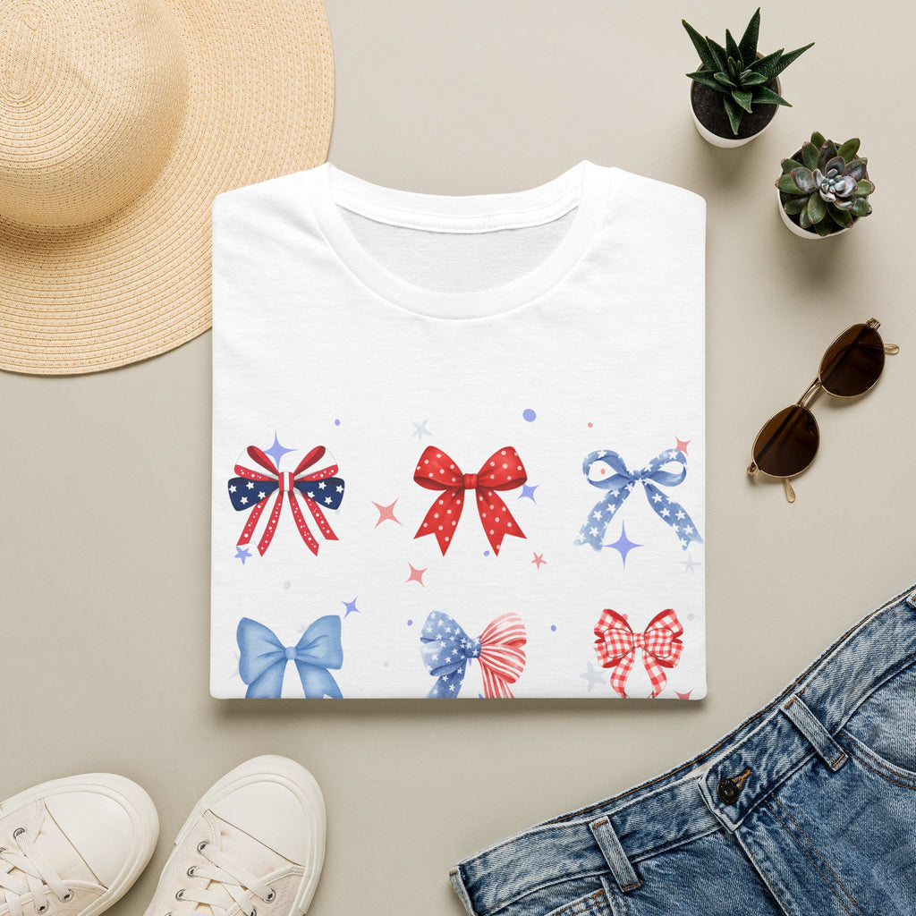 Patriotic Bow Pattern T-Shirt — Red White & Blue Ribbon Graphic