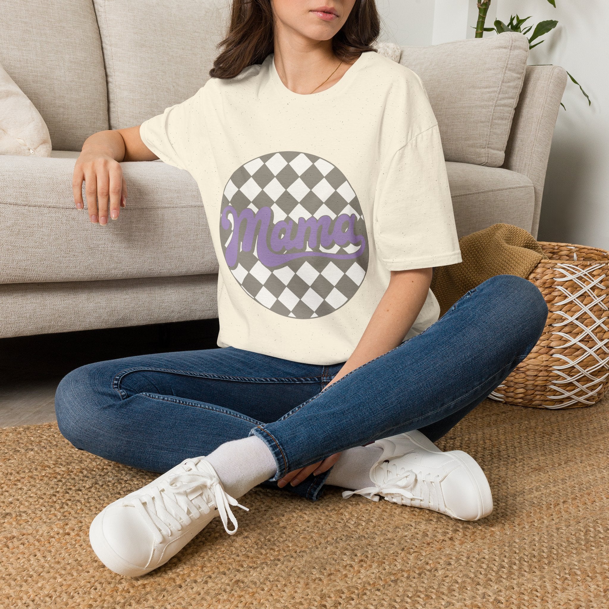 Mama Checkerboard T-Shirt — Retro Lavender Mom Tee