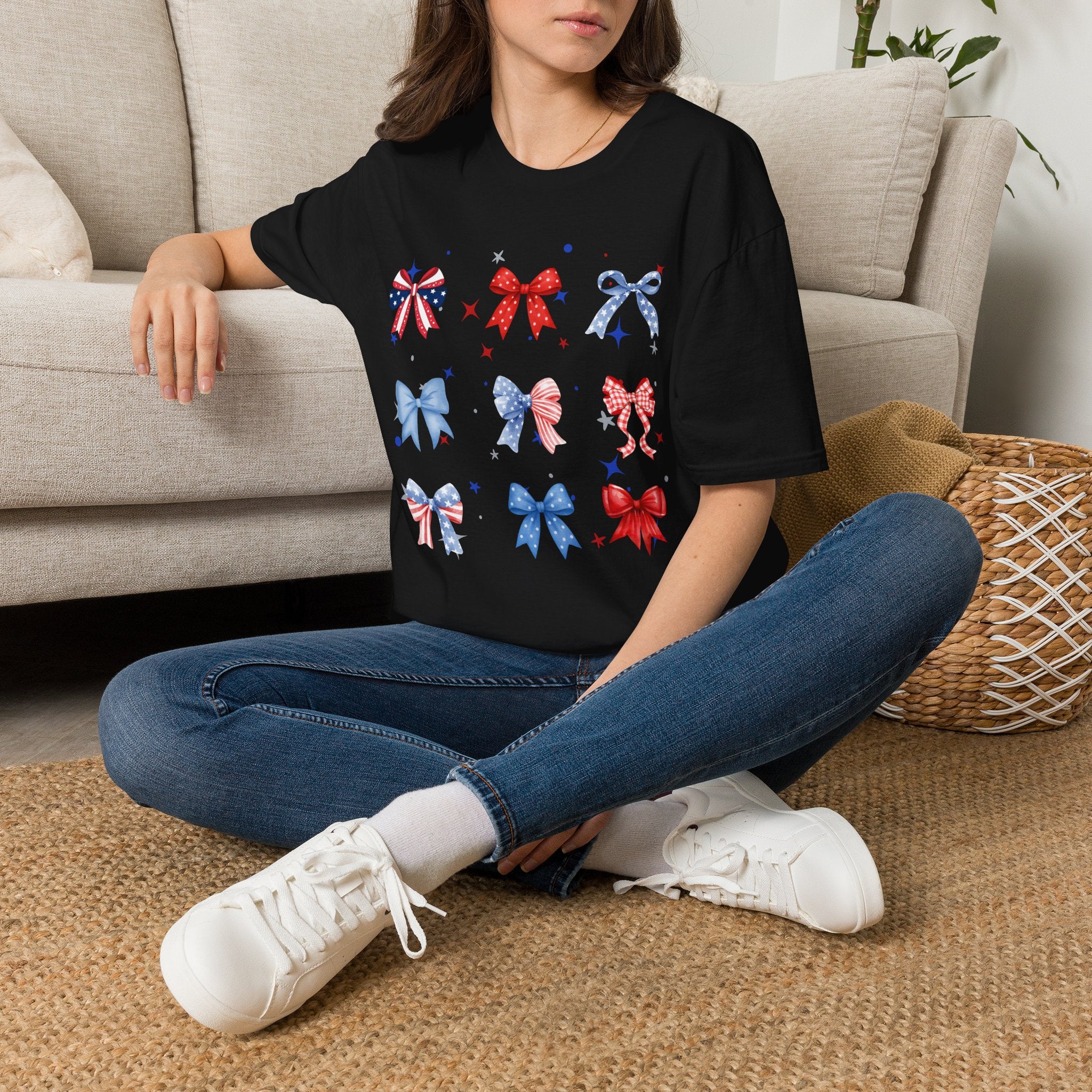 Patriotic Bow Pattern T-Shirt — Red White & Blue Ribbon Graphic