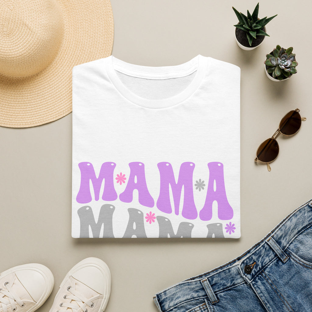 Mama Retro Graphic T-Shirt — Pink & Gray Stacked 'MAMA' Design