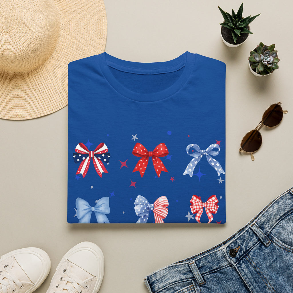 Patriotic Bow Pattern T-Shirt — Red White & Blue Ribbon Graphic