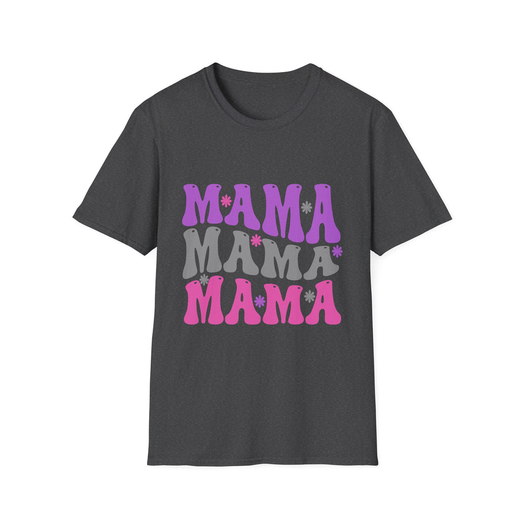 Mama Retro Graphic T-Shirt — Pink & Gray Stacked 'MAMA' Design