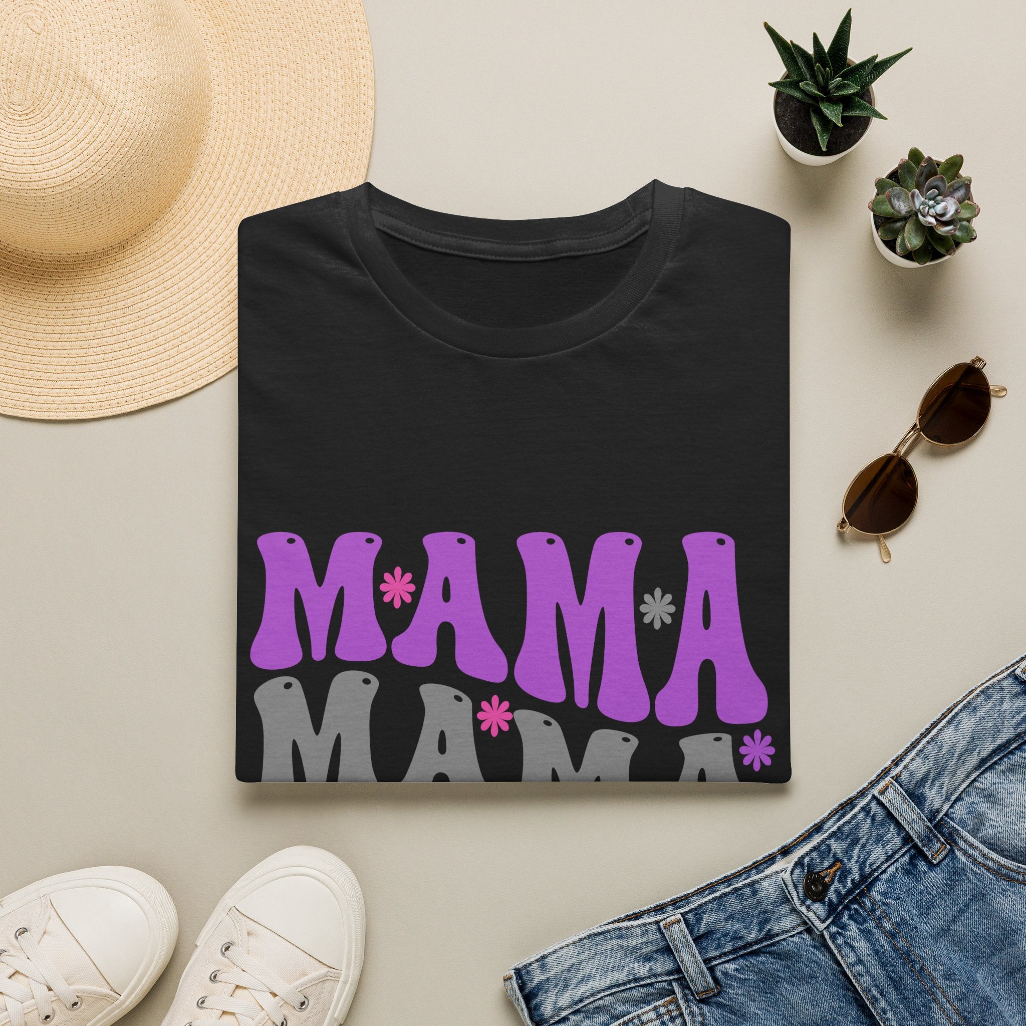 Mama Retro Graphic T-Shirt — Pink & Gray Stacked 'MAMA' Design