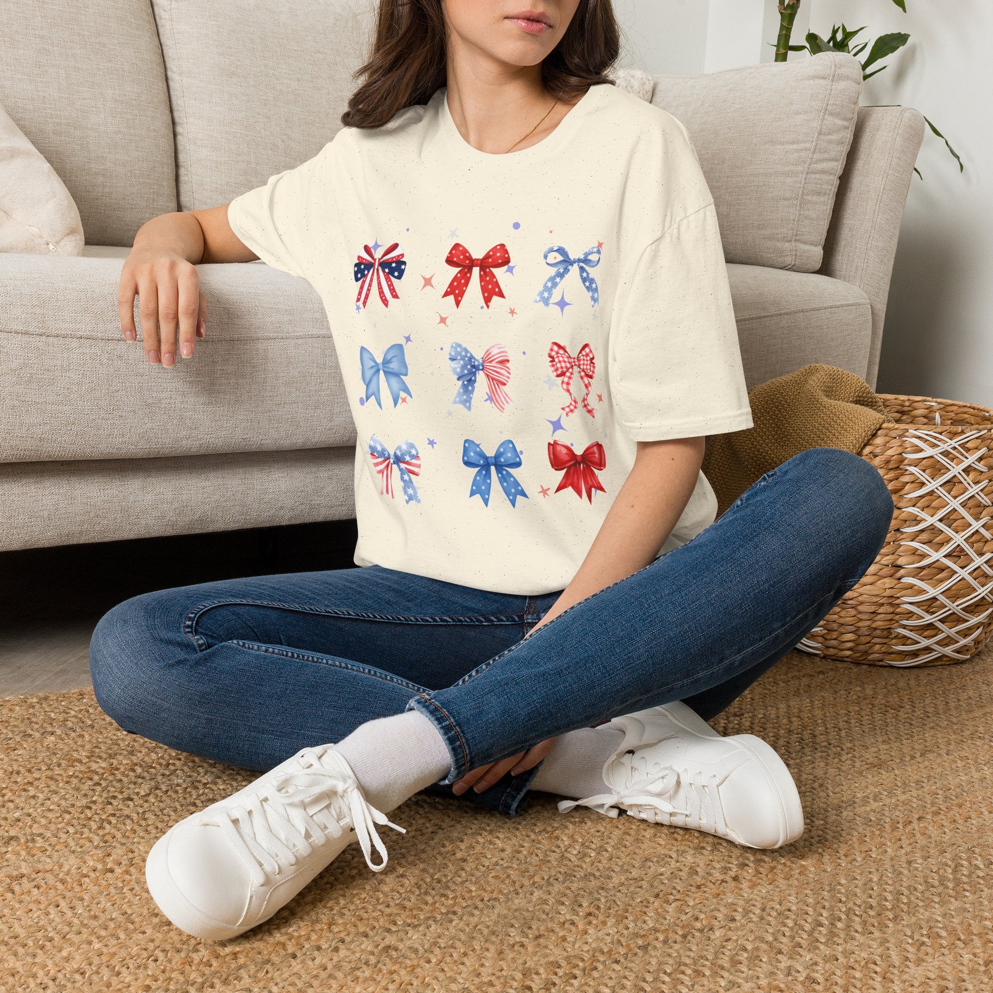 Patriotic Bow Pattern T-Shirt — Red White & Blue Ribbon Graphic